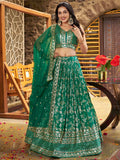 Attractive Rama Green Mehendi Wear Golden Zari Lehenga Choli - Zeel Clothing