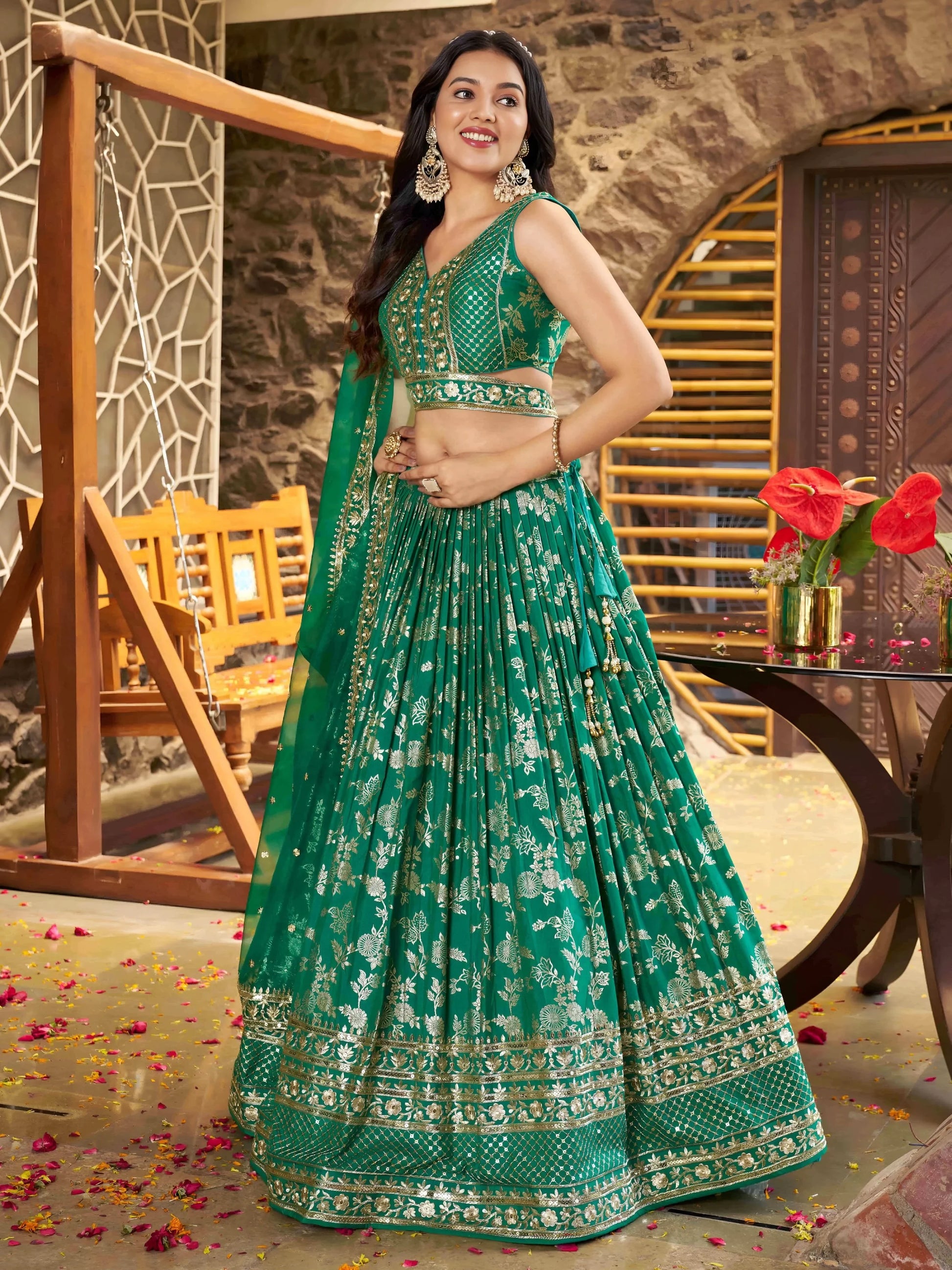 Attractive Rama Green Mehendi Wear Golden Zari Lehenga Choli - Zeel Clothing