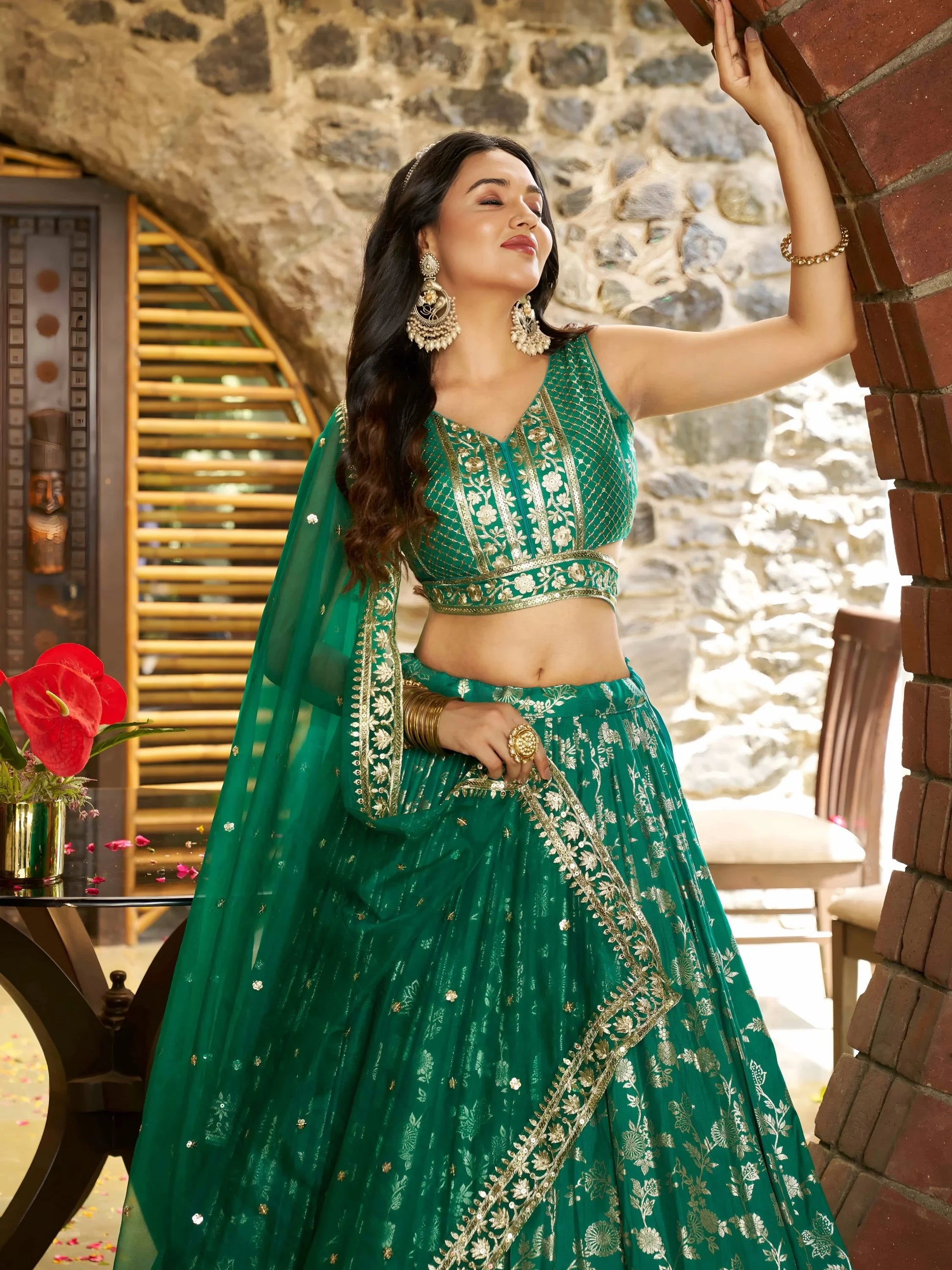 Attractive Rama Green Mehendi Wear Golden Zari Lehenga Choli - Zeel Clothing