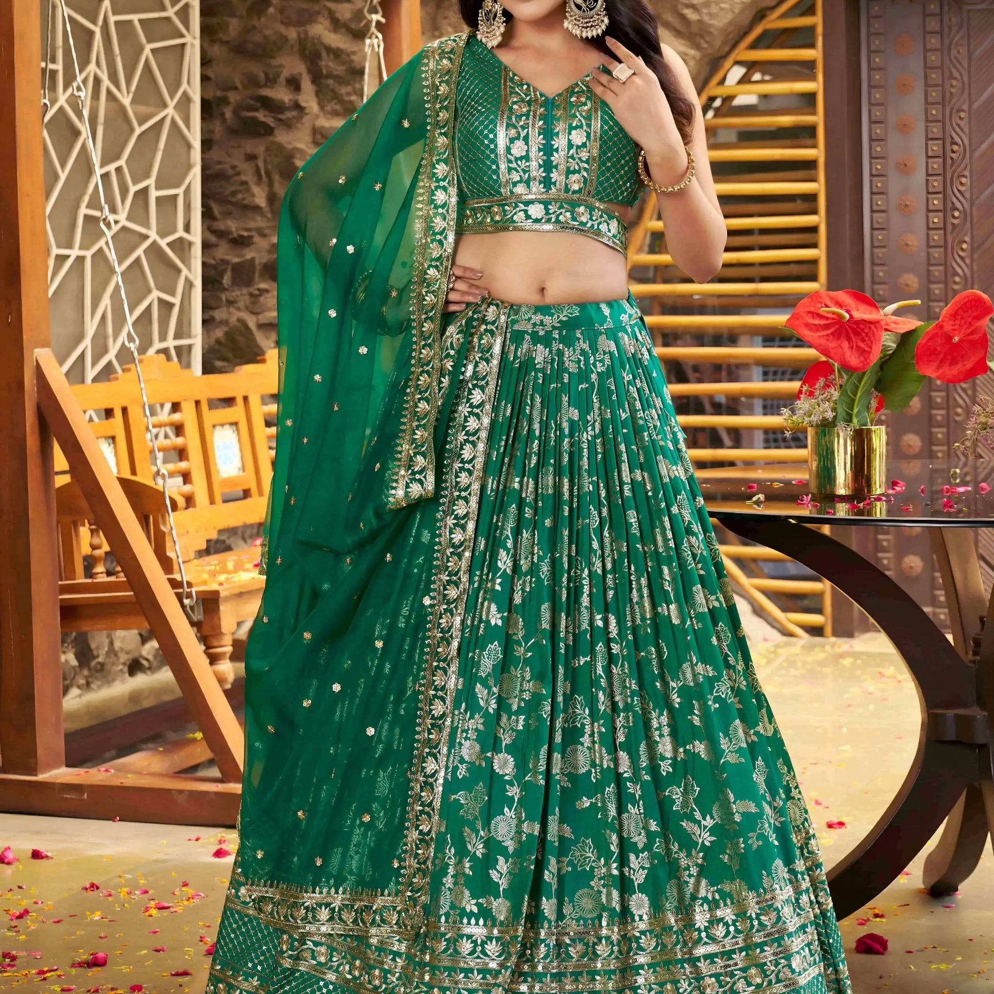 Attractive Rama Green Mehendi Wear Golden Zari Lehenga Choli - Zeel Clothing