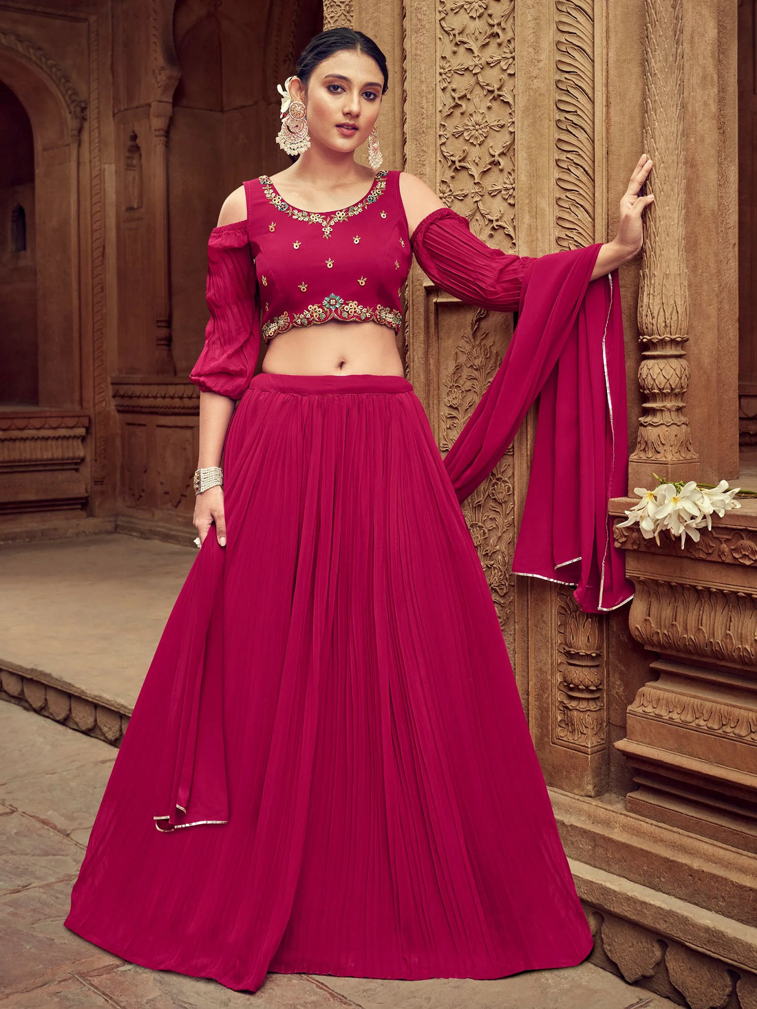 Attractive Rani Pink Embroidered Georgette Wedding Lehenga Choli - Zeel Clothing