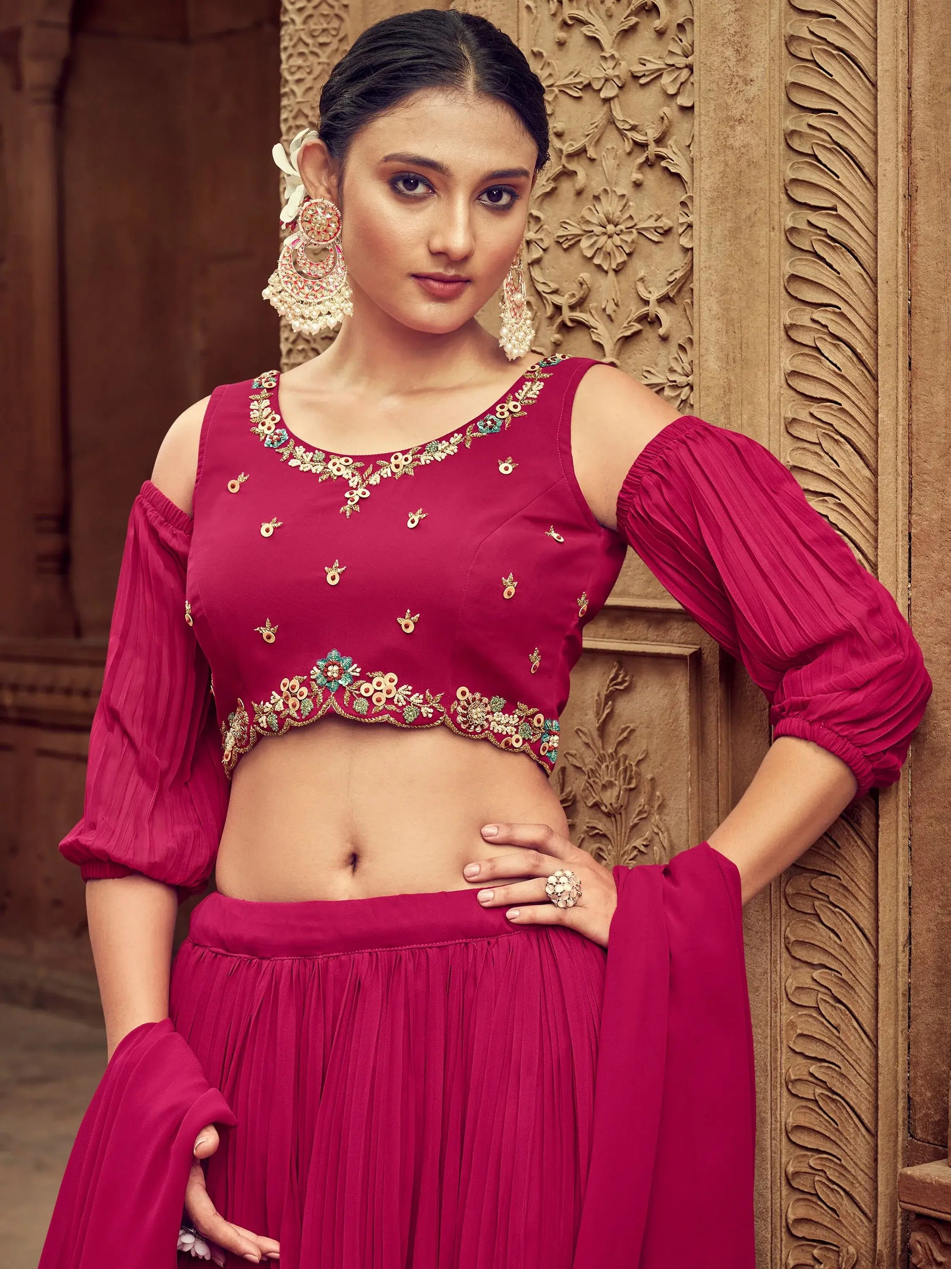 Attractive Rani Pink Embroidered Georgette Wedding Lehenga Choli - Zeel Clothing