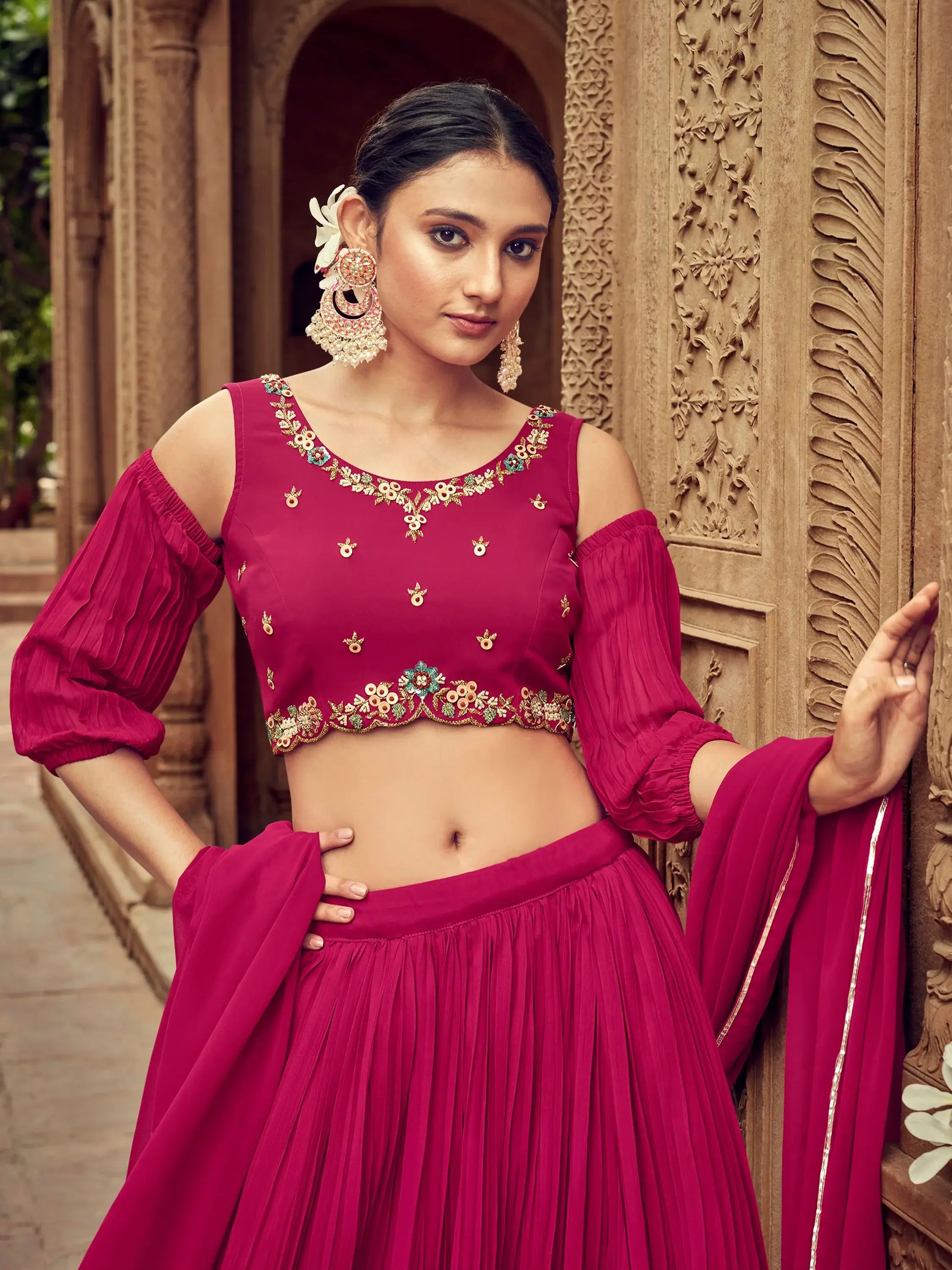 Attractive Rani Pink Embroidered Georgette Wedding Lehenga Choli - Zeel Clothing