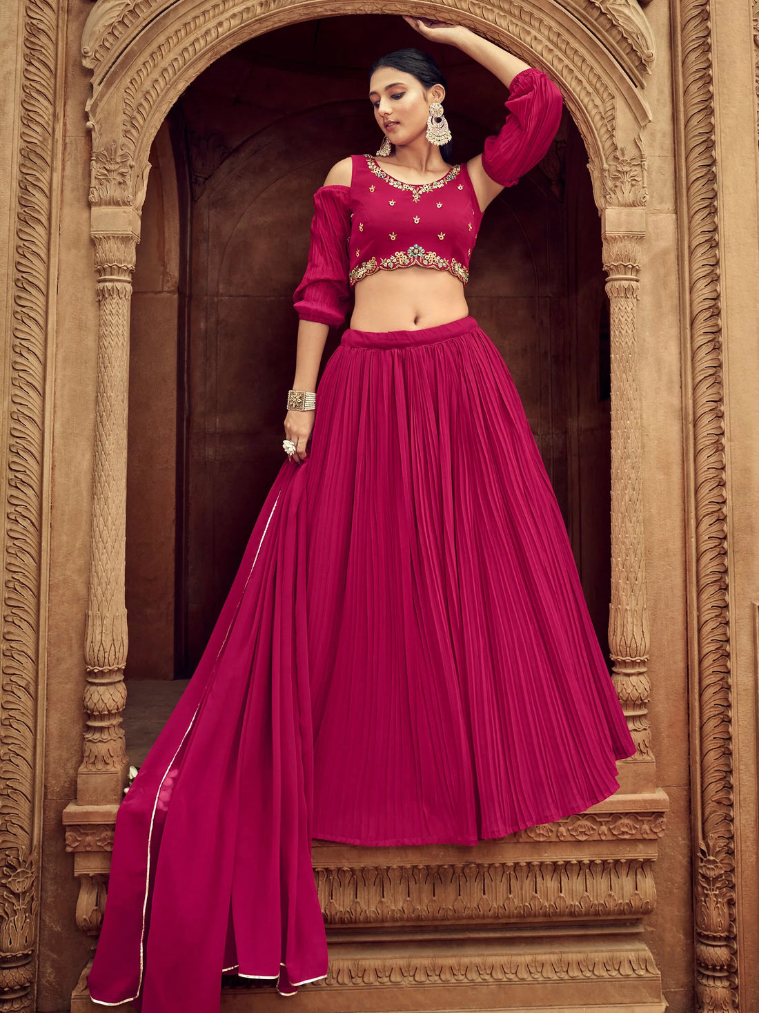 Attractive Rani Pink Embroidered Georgette Wedding Lehenga Choli - Zeel Clothing