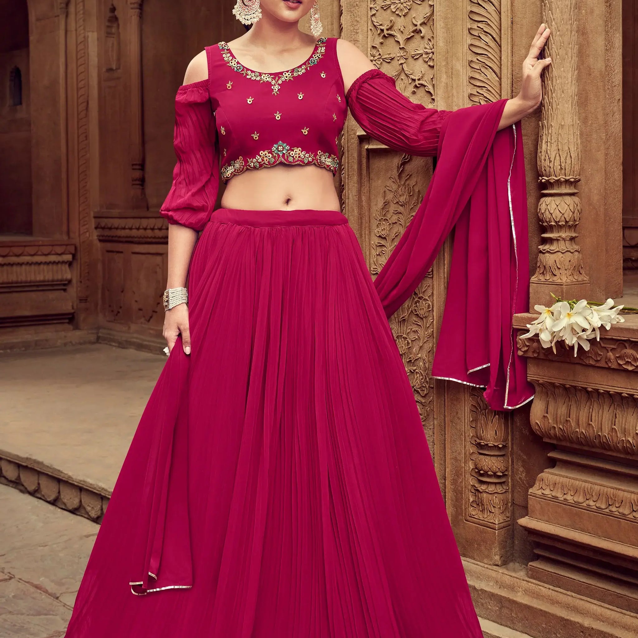 Attractive Rani Pink Embroidered Georgette Wedding Lehenga Choli - Zeel Clothing