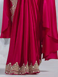 Attractive Rani Pink Heavy Lace Work Satin Pre-Stitched Saree - Zeel Clothing