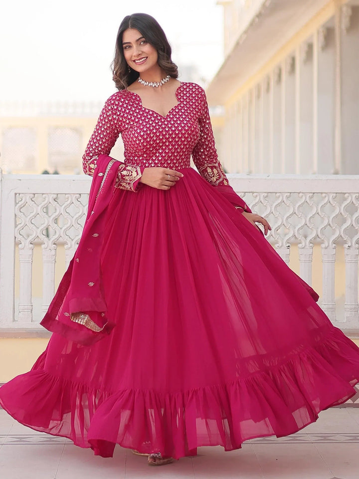 Attractive Rani Pink Sequins Georgette Wedding Gown With Dupatta