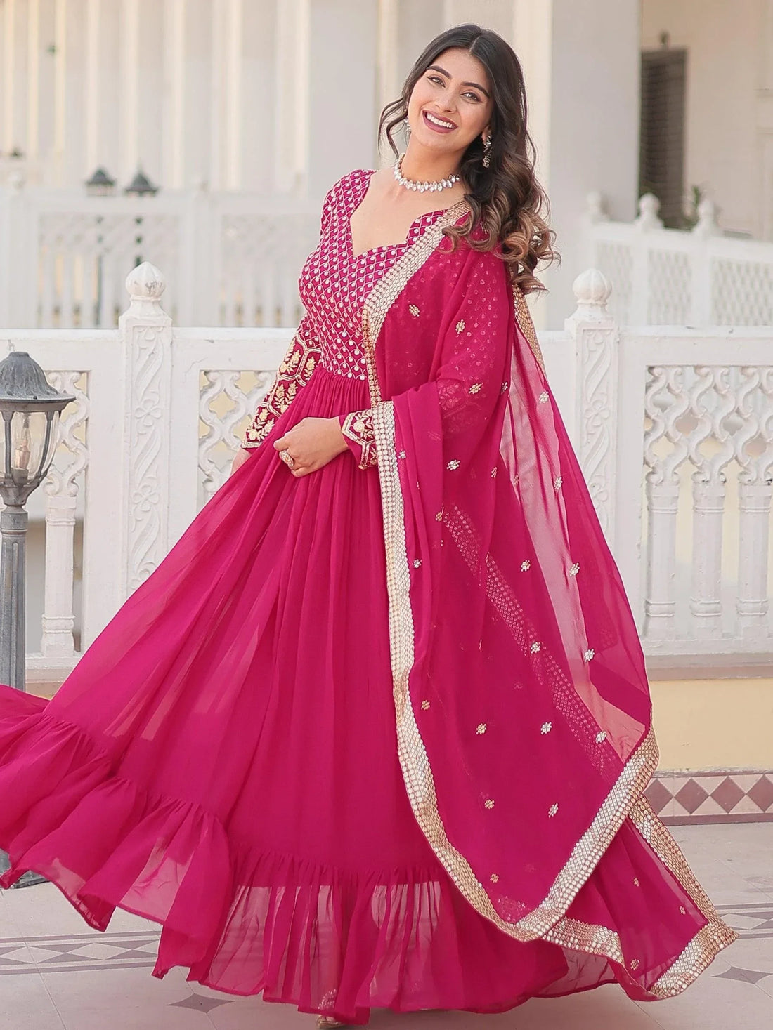 Attractive Rani Pink Sequins Georgette Wedding Gown With Dupatta