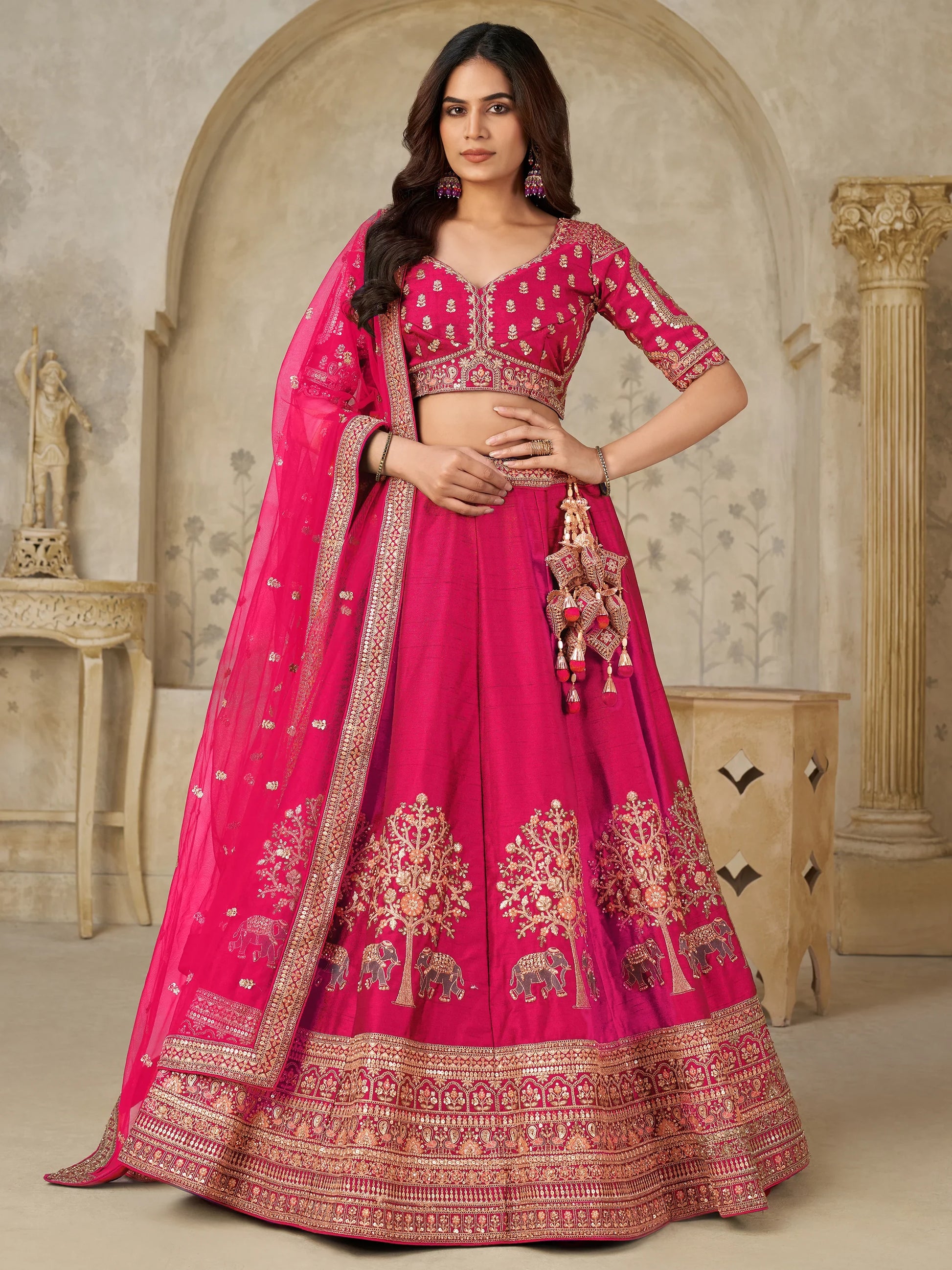 Attractive Rani Pink Thread Embroidery Silk Engagement Wear Lehenga Choli