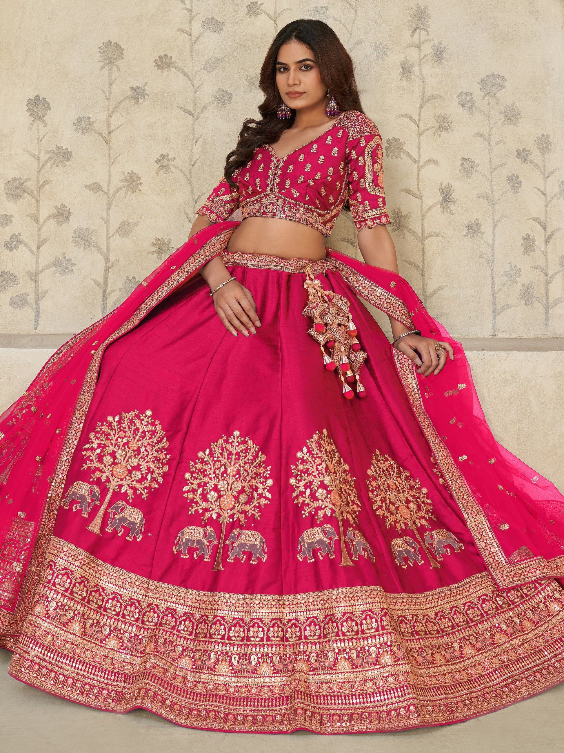 Attractive Rani Pink Thread Embroidery Silk Engagement Wear Lehenga Choli