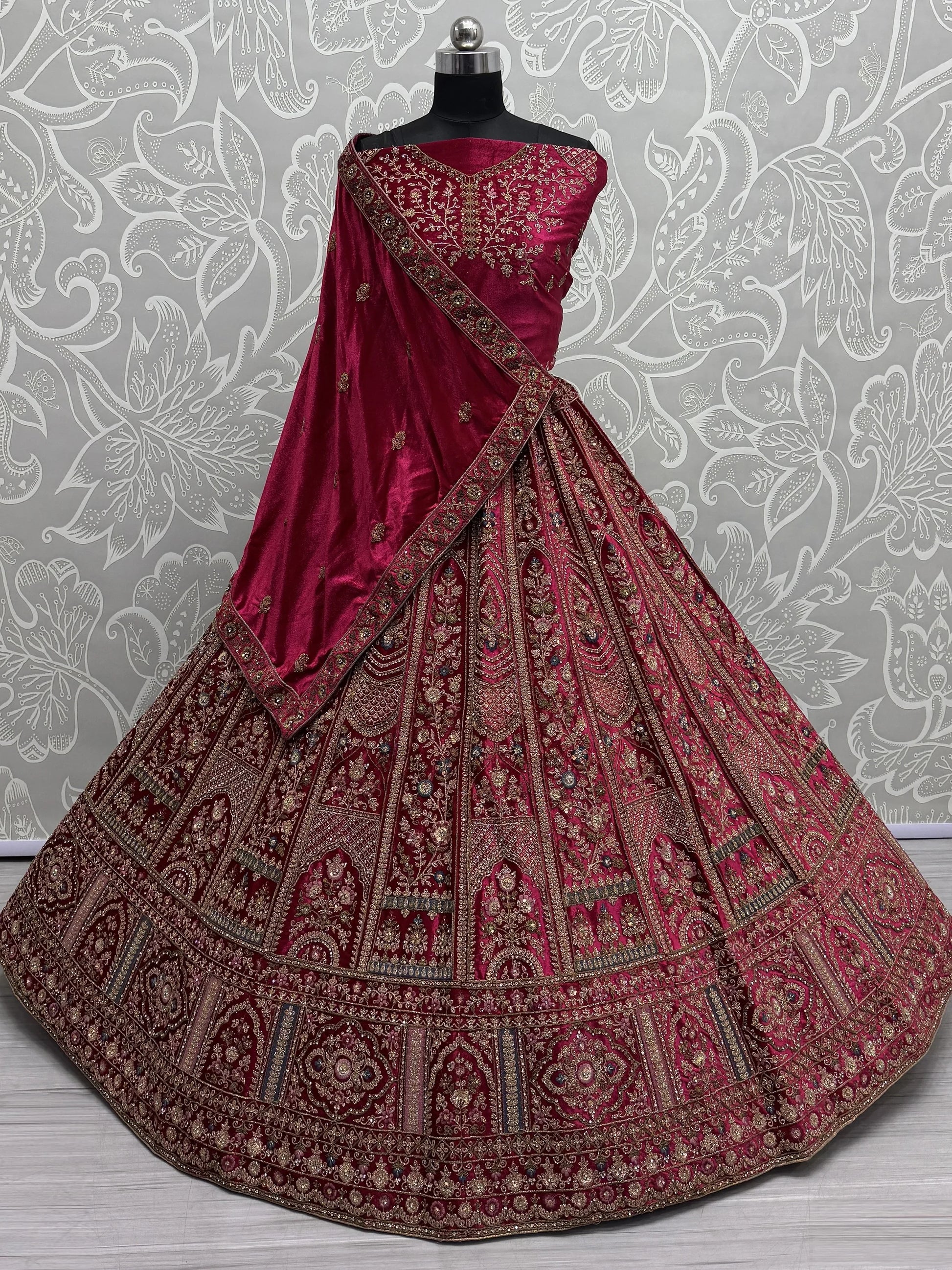 Attractive Rani Pink Velvet Bridal Lehenga Choli With Double Dupatta - Zeel Clothing