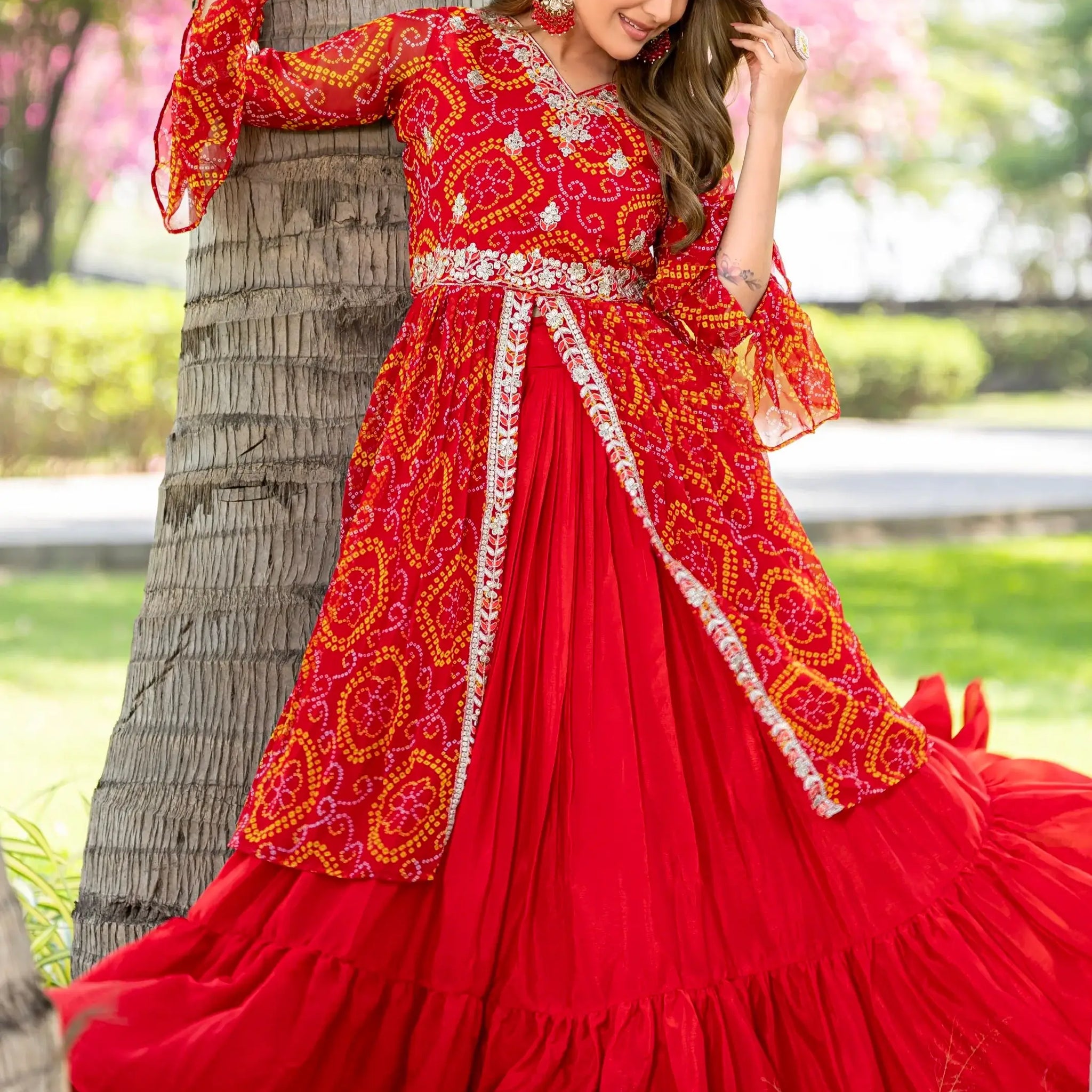 Attractive Red Bandhni Print Georgette Wedding Wear Lehenga With Long Top - Zeel Clothing