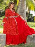 Attractive Red Bandhni Print Georgette Wedding Wear Lehenga With Long Top - Zeel Clothing