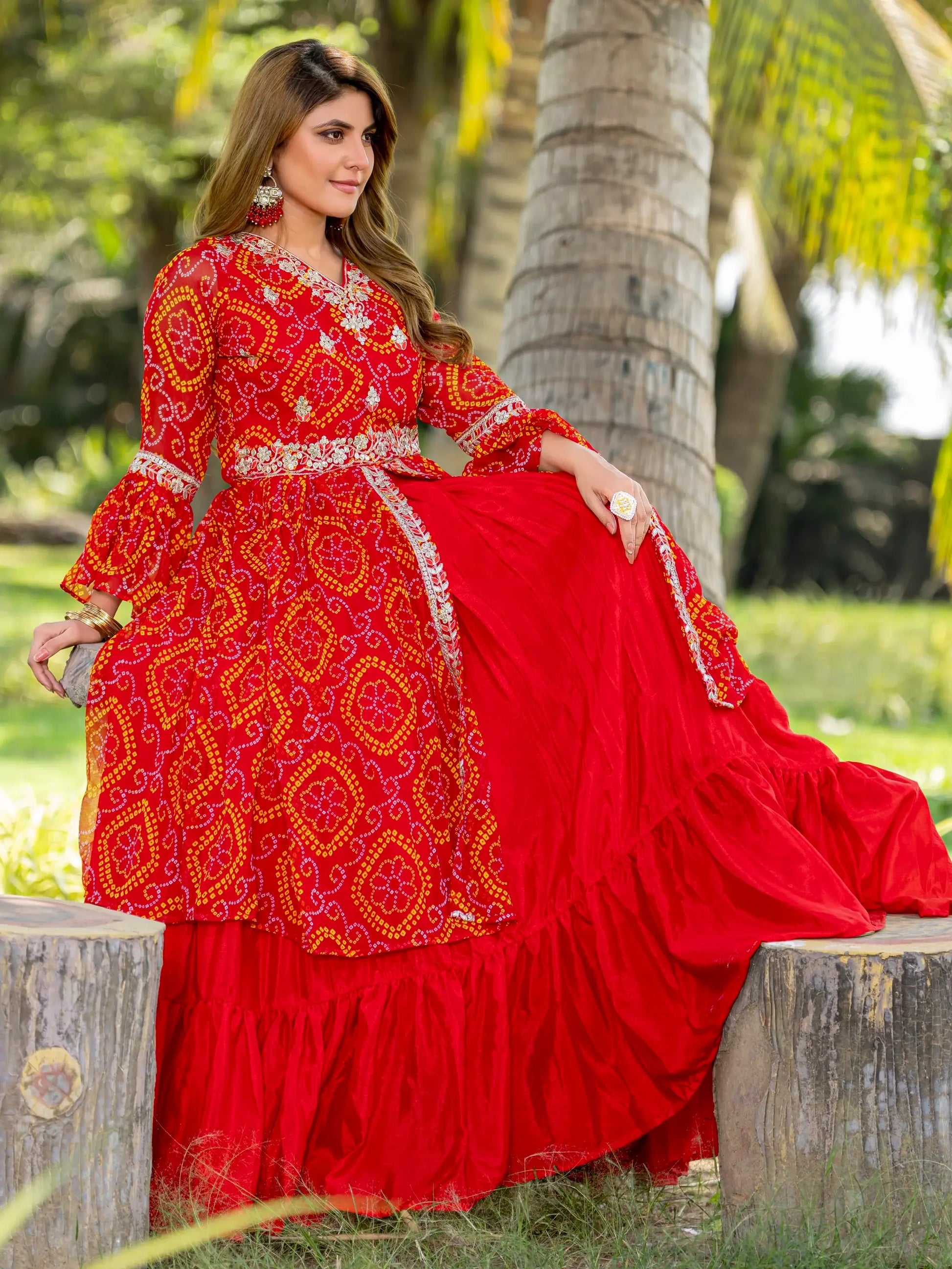 Attractive Red Bandhni Print Georgette Wedding Wear Lehenga With Long Top - Zeel Clothing