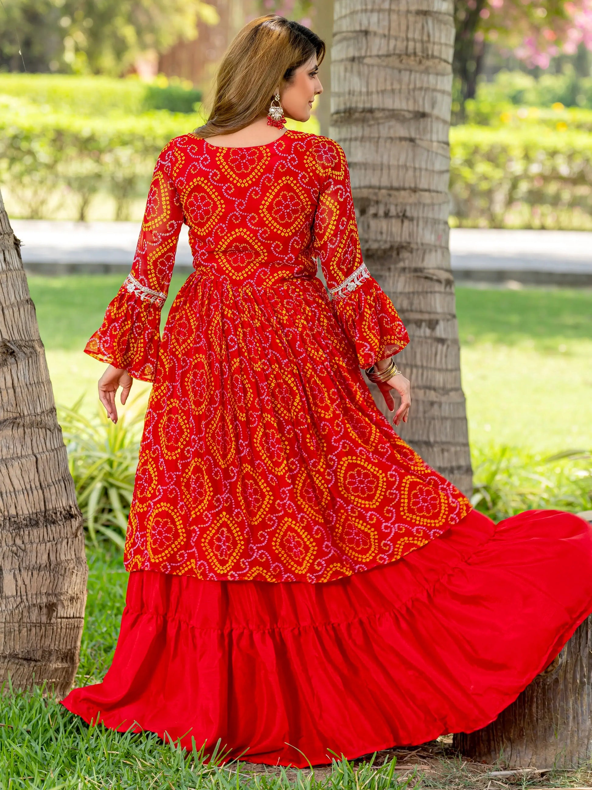 Attractive Red Bandhni Print Georgette Wedding Wear Lehenga With Long Top - Zeel Clothing