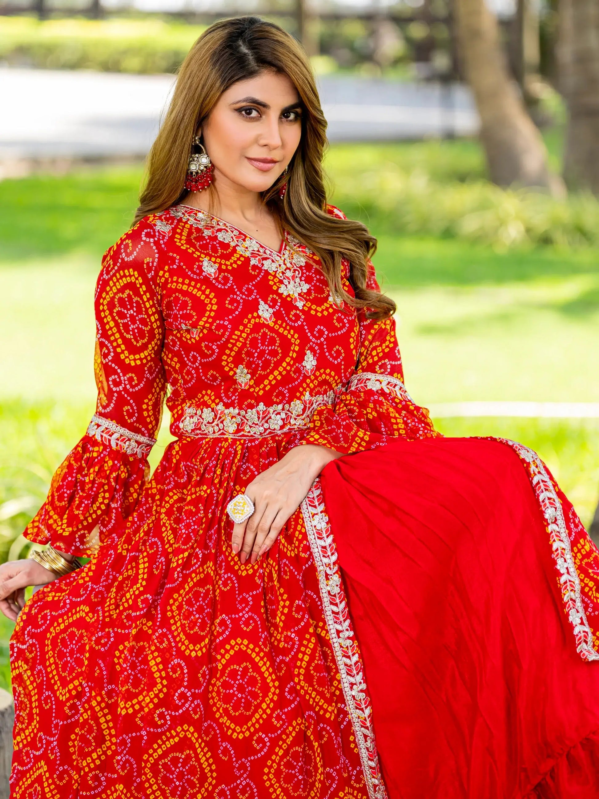 Attractive Red Bandhni Print Georgette Wedding Wear Lehenga With Long Top - Zeel Clothing
