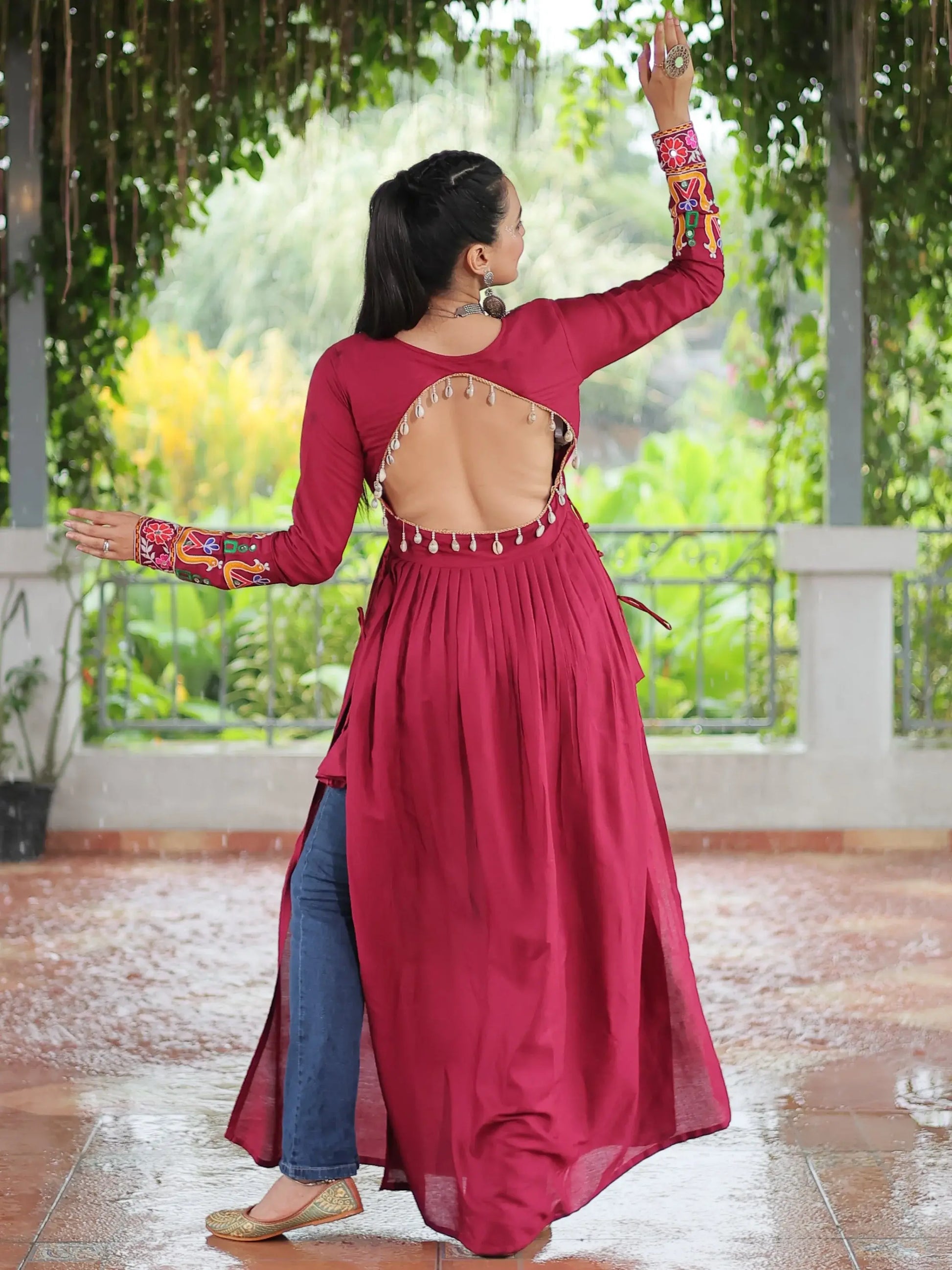 Attractive Red Gamthi Work Rayon Navratri Wear Long Side Cut Kurti - Zeel Clothing