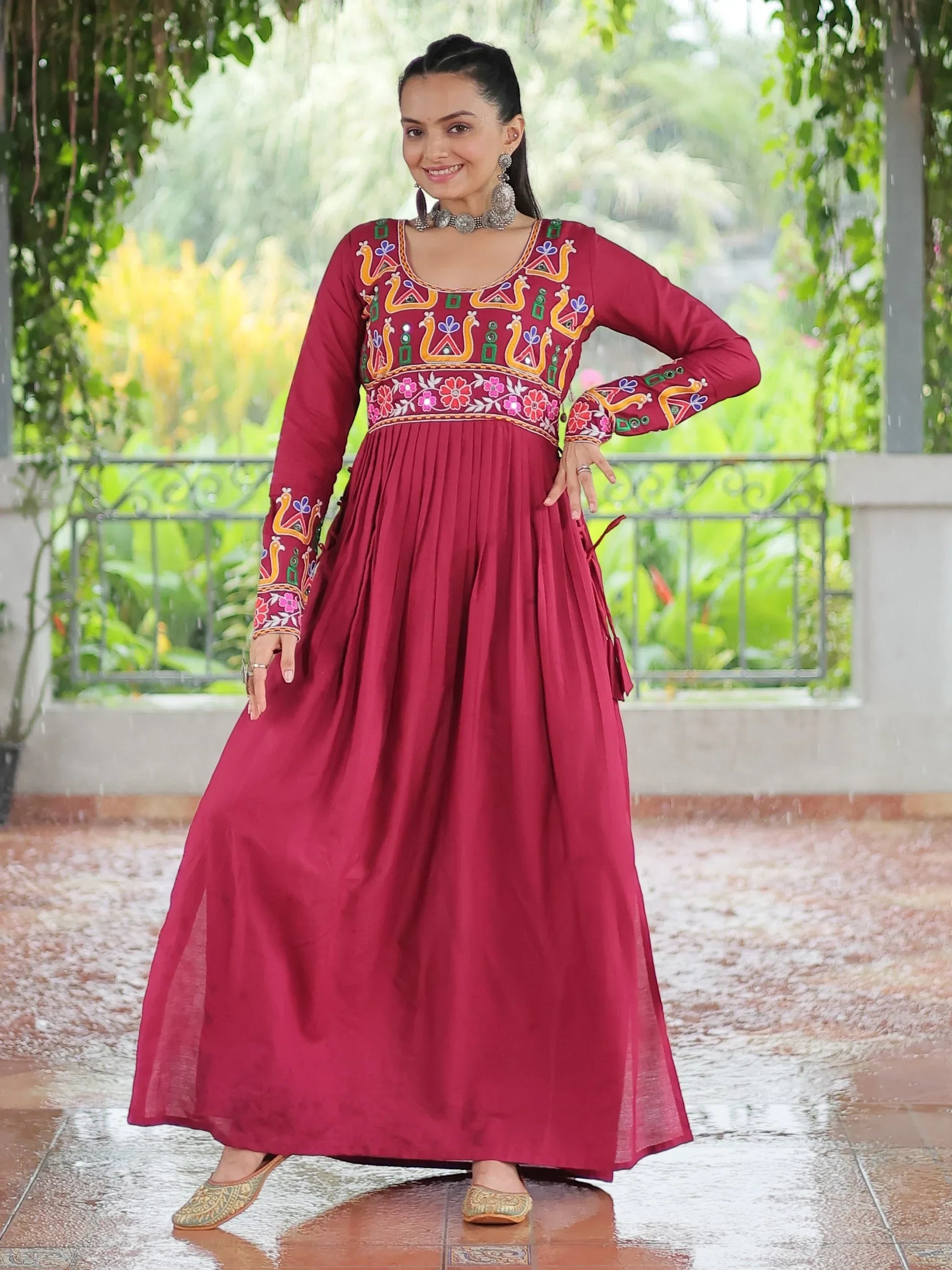 Attractive Red Gamthi Work Rayon Navratri Wear Long Side Cut Kurti - Zeel Clothing