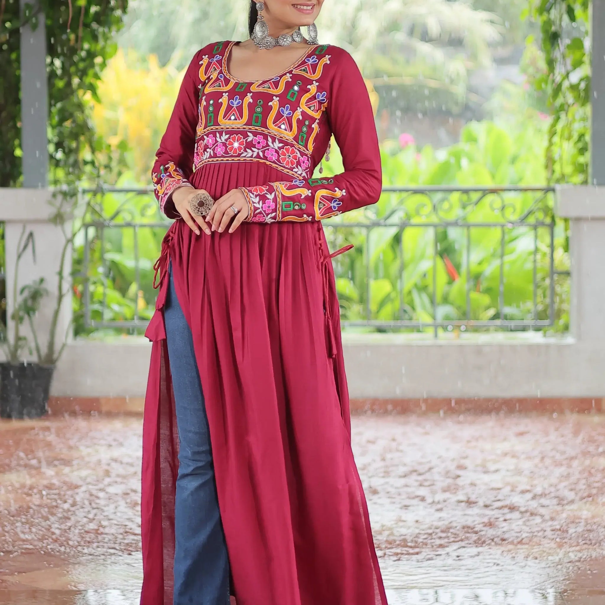 Attractive Red Gamthi Work Rayon Navratri Wear Long Side Cut Kurti - Zeel Clothing