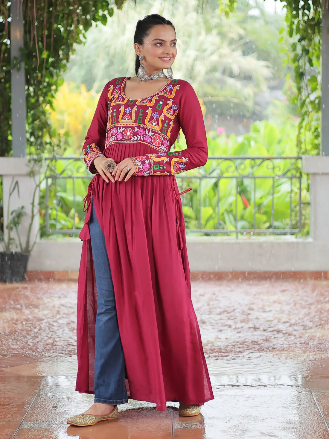 Attractive Red Gamthi Work Rayon Navratri Wear Long Side Cut Kurti - Zeel Clothing