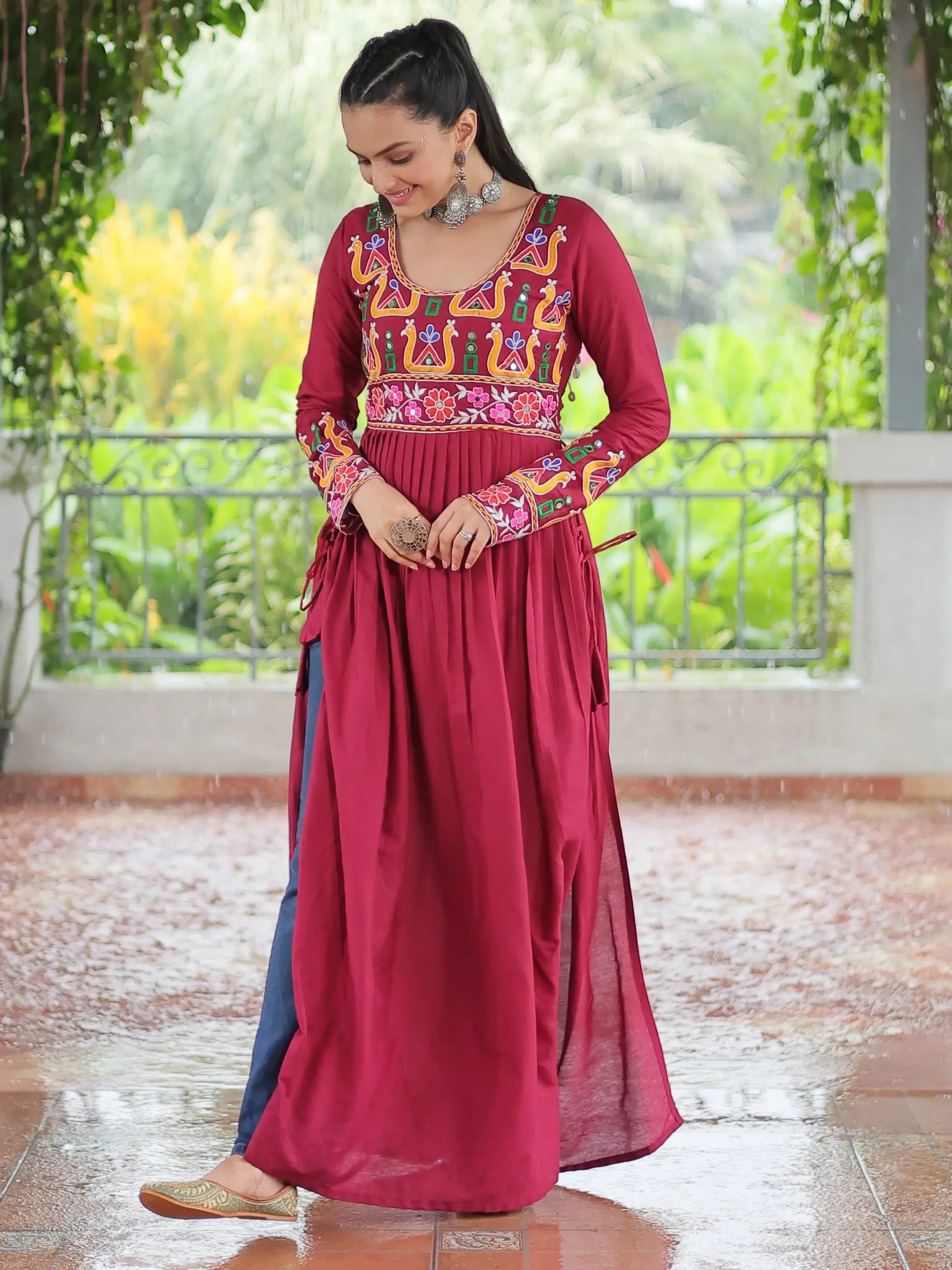 Attractive Red Gamthi Work Rayon Navratri Wear Long Side Cut Kurti - Zeel Clothing