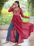 Attractive Red Gamthi Work Rayon Navratri Wear Long Side Cut Kurti - Zeel Clothing