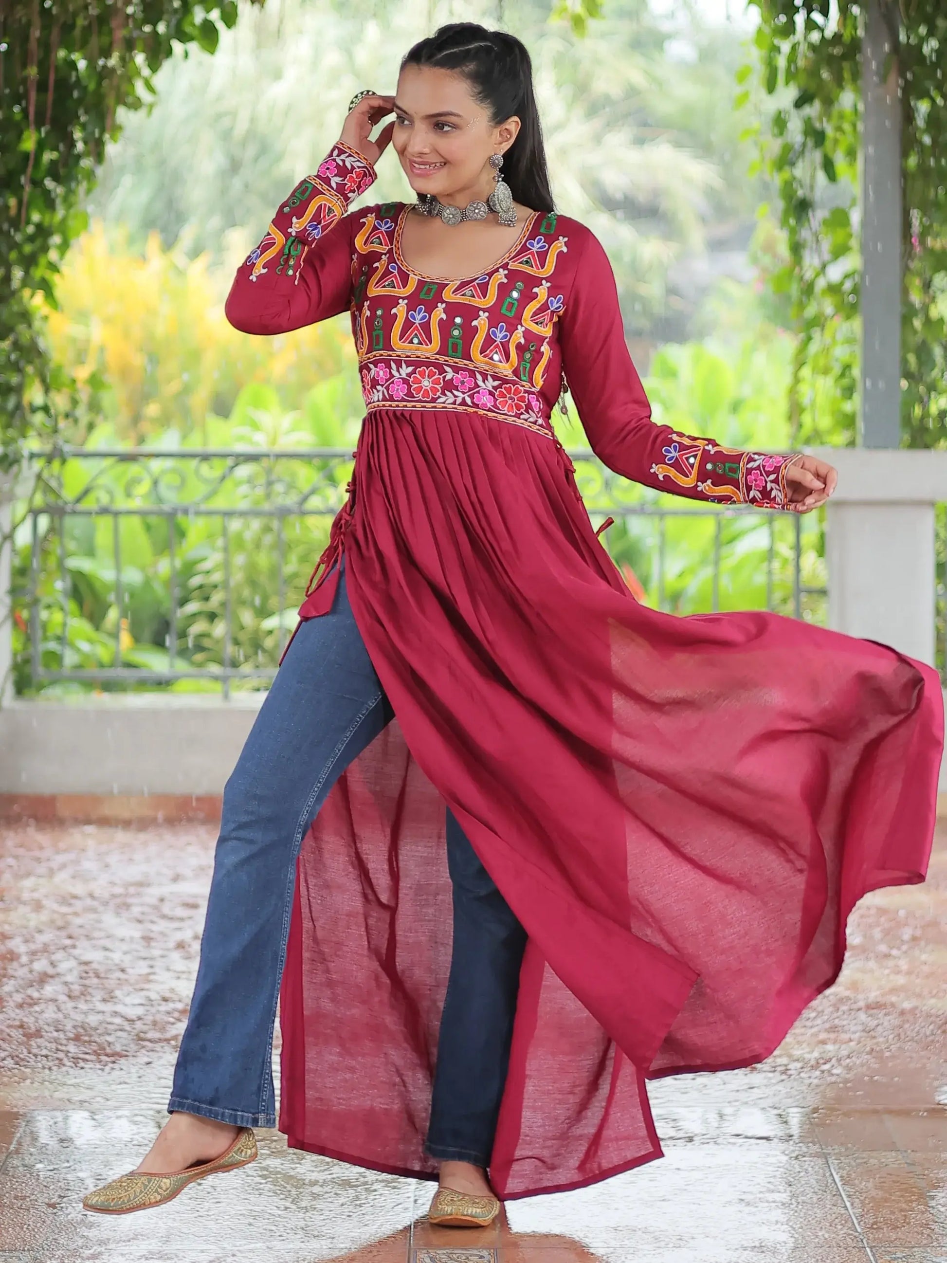 Attractive Red Gamthi Work Rayon Navratri Wear Long Side Cut Kurti - Zeel Clothing