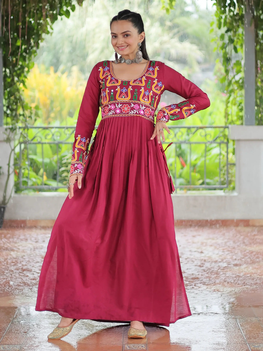 Attractive Red Gamthi Work Rayon Navratri Wear Long Side Cut Kurti - Zeel Clothing