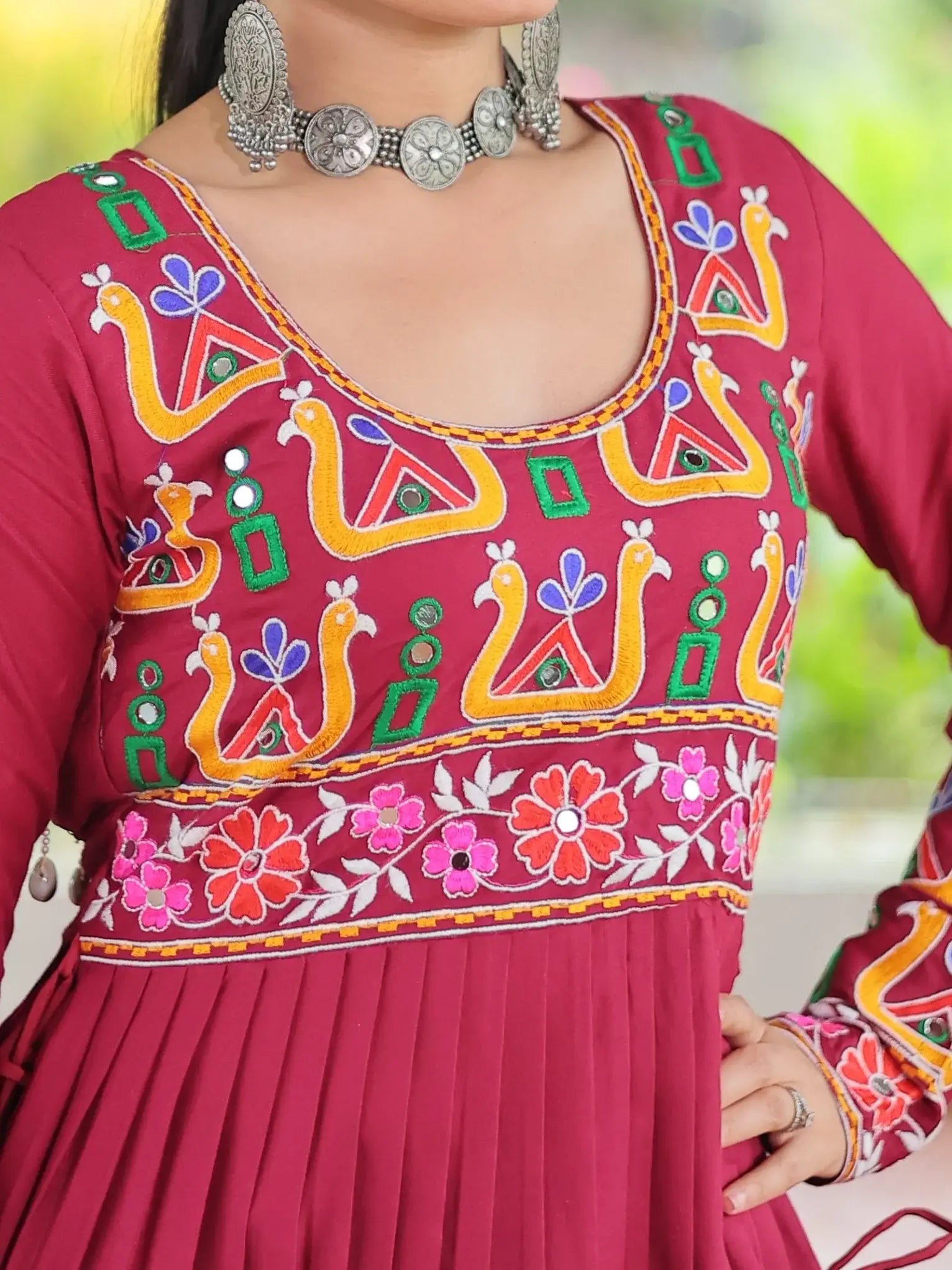 Attractive Red Gamthi Work Rayon Navratri Wear Long Side Cut Kurti - Zeel Clothing