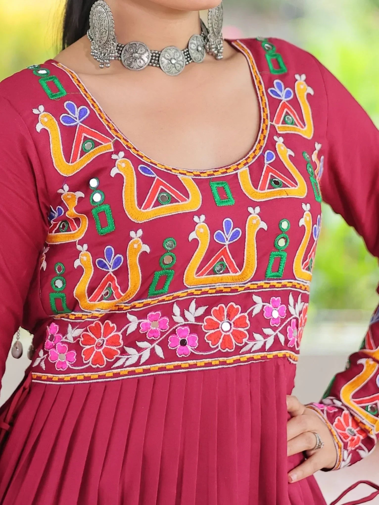 Attractive Red Gamthi Work Rayon Navratri Wear Long Side Cut Kurti - Zeel Clothing