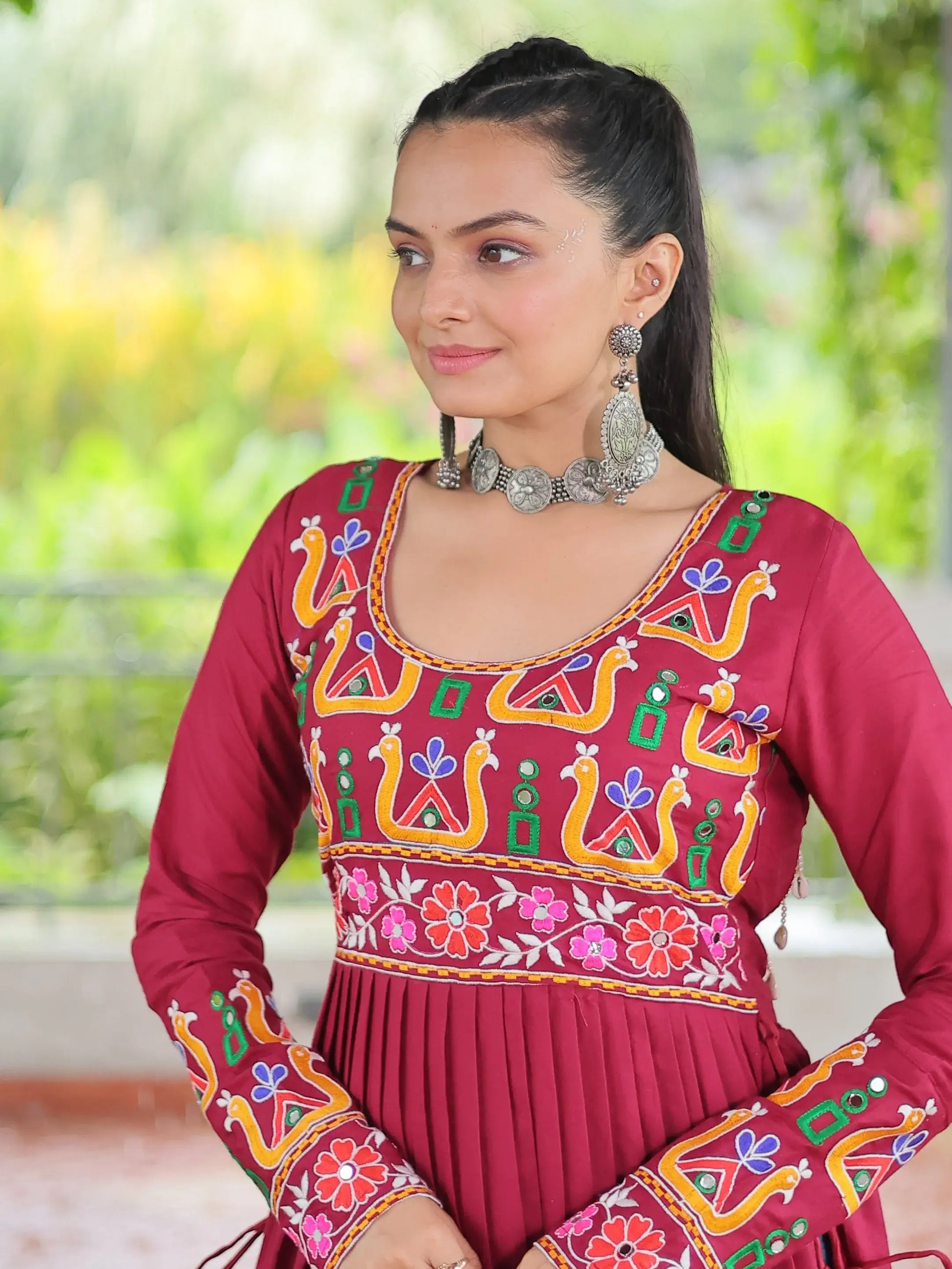 Attractive Red Gamthi Work Rayon Navratri Wear Long Side Cut Kurti - Zeel Clothing