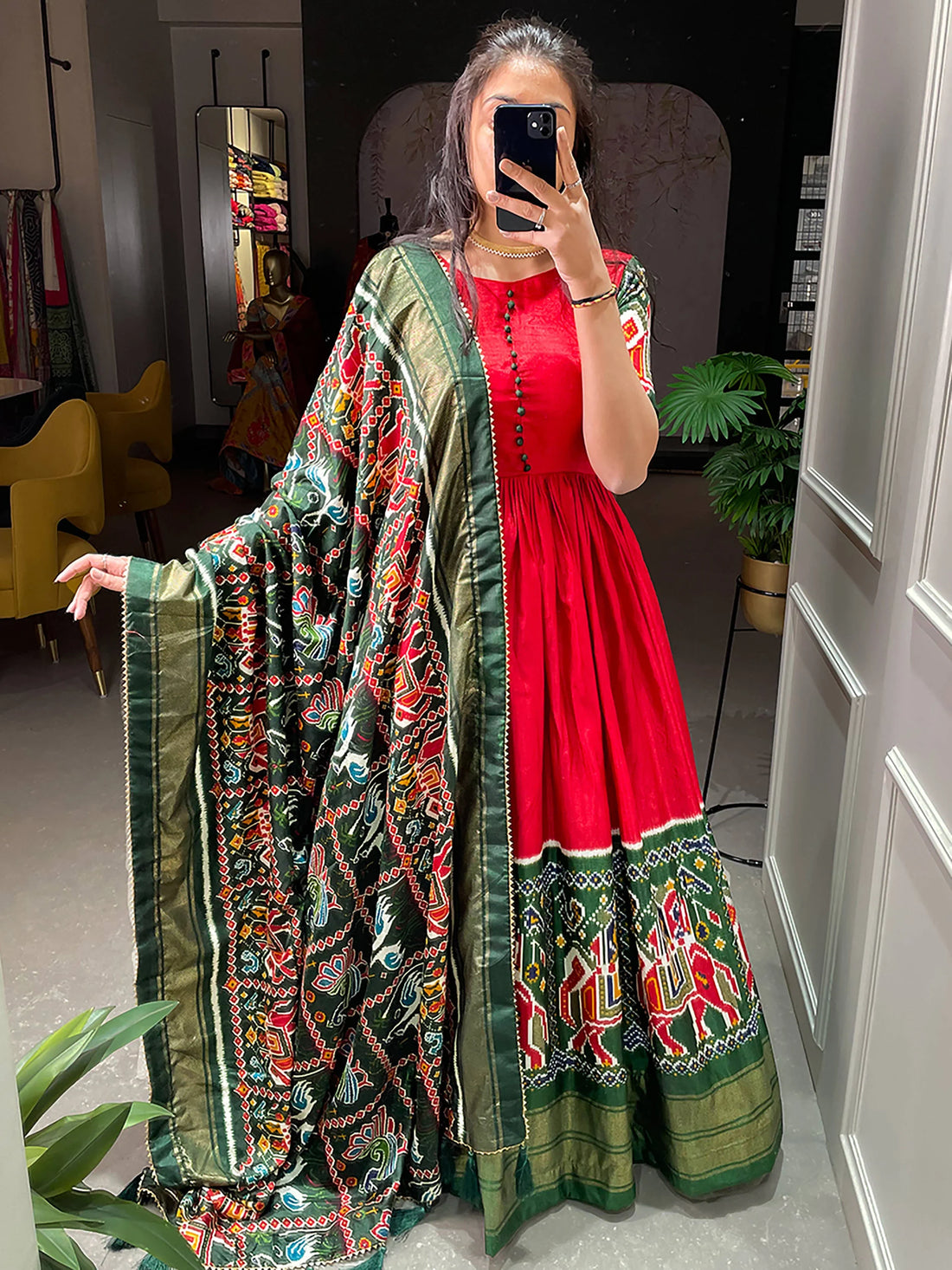 Attractive Red Patola Printed Dola Silk Traditional Gown With Dupatta - Zeel Clothing