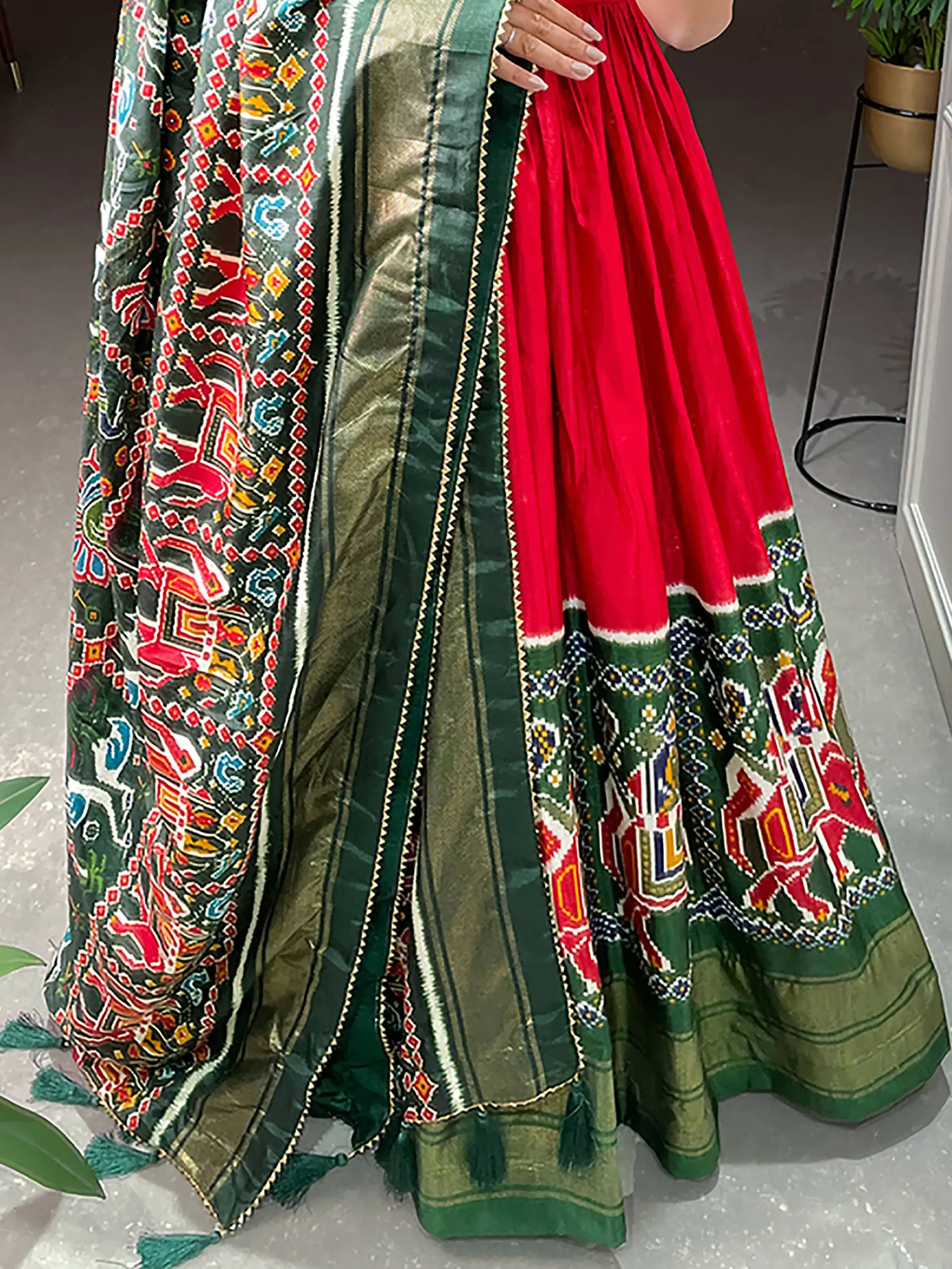 Attractive Red Patola Printed Dola Silk Traditional Gown With Dupatta - Zeel Clothing