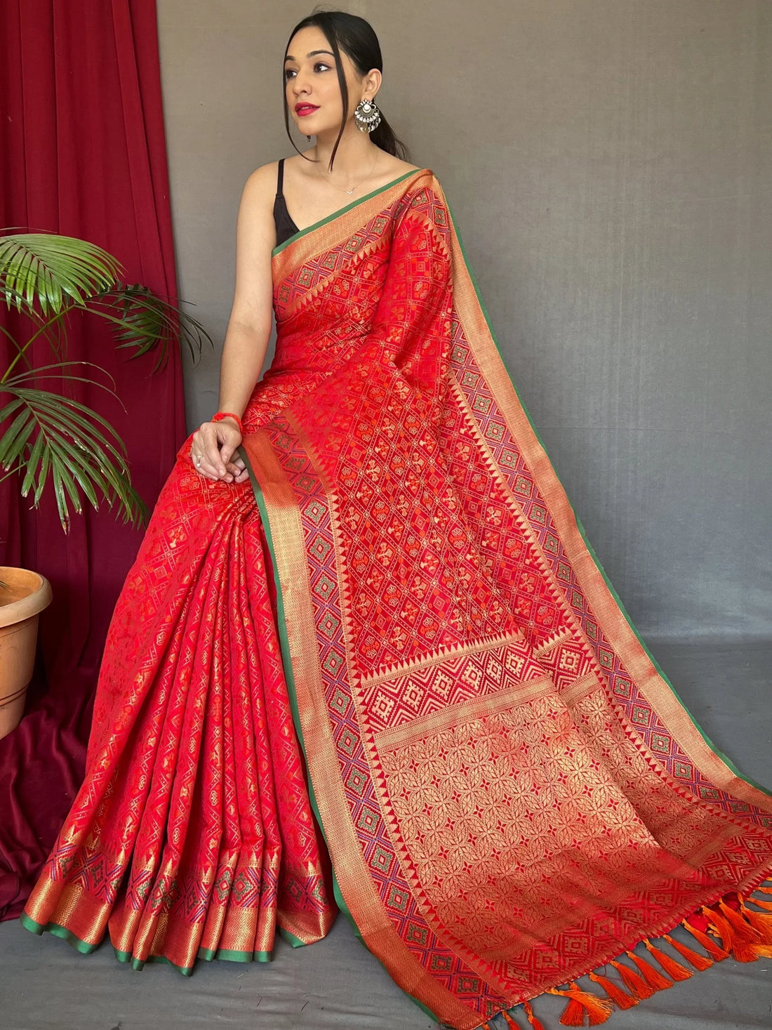 Attractive Red Patola Printed Silk Wedding Wear Saree With Blouse - Zeel Clothing