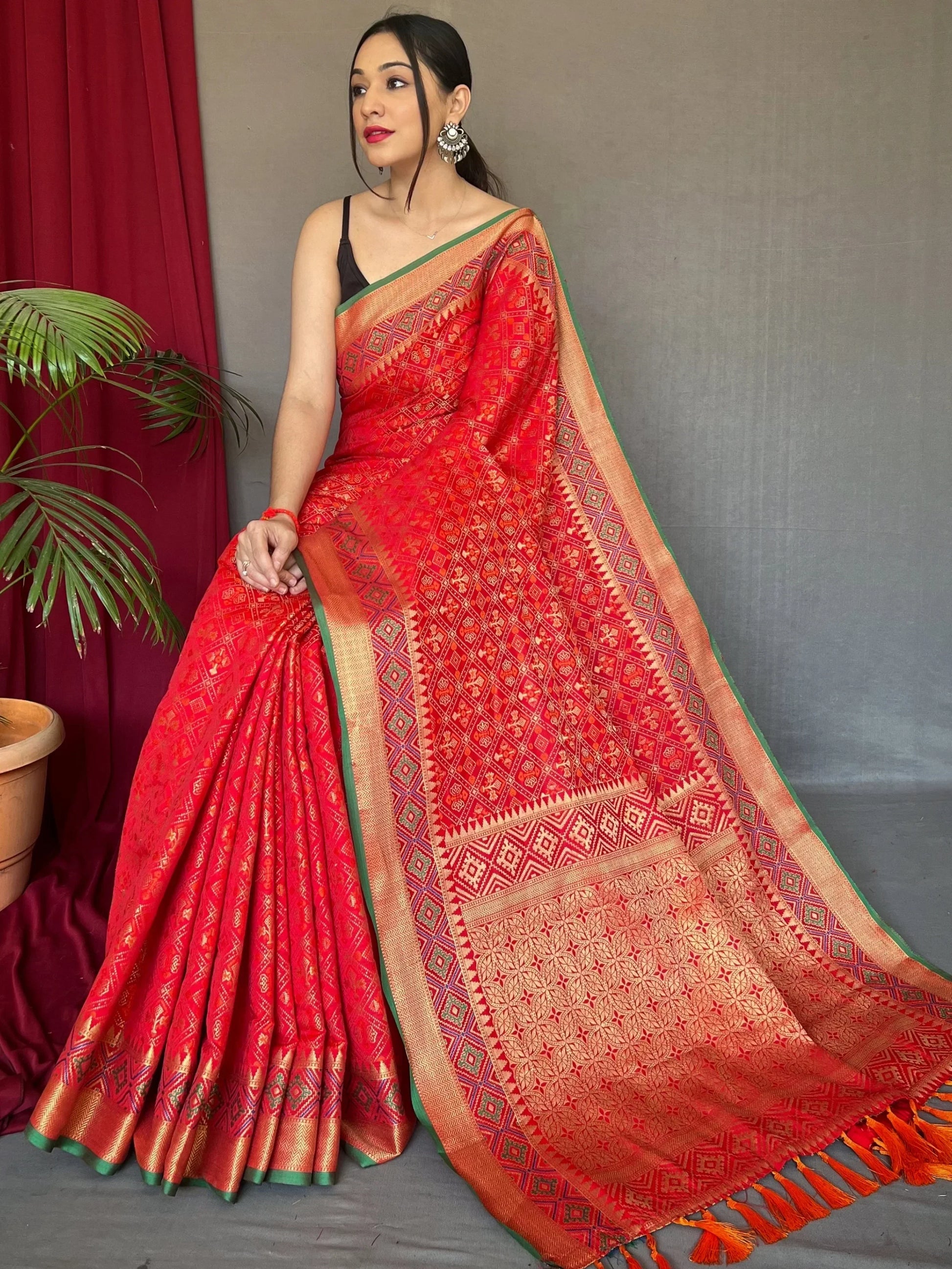 Attractive Red Patola Printed Silk Wedding Wear Saree With Blouse - Zeel Clothing