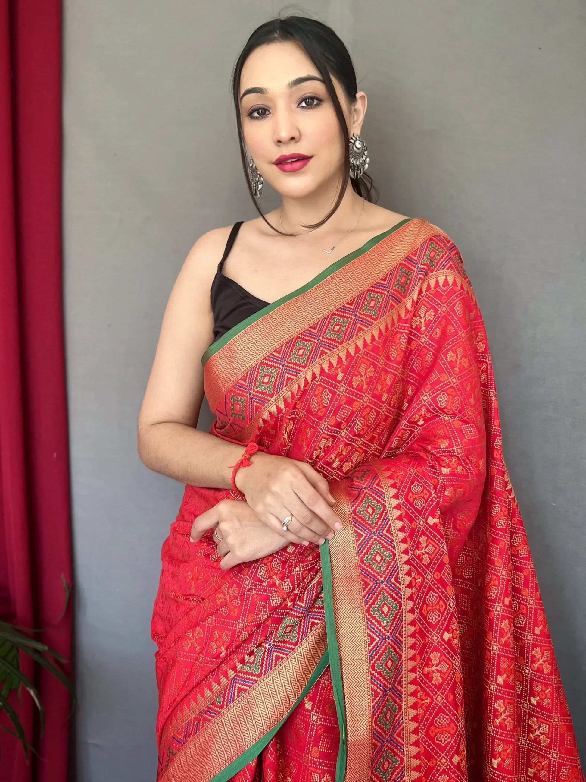 Attractive Red Patola Printed Silk Wedding Wear Saree With Blouse - Zeel Clothing