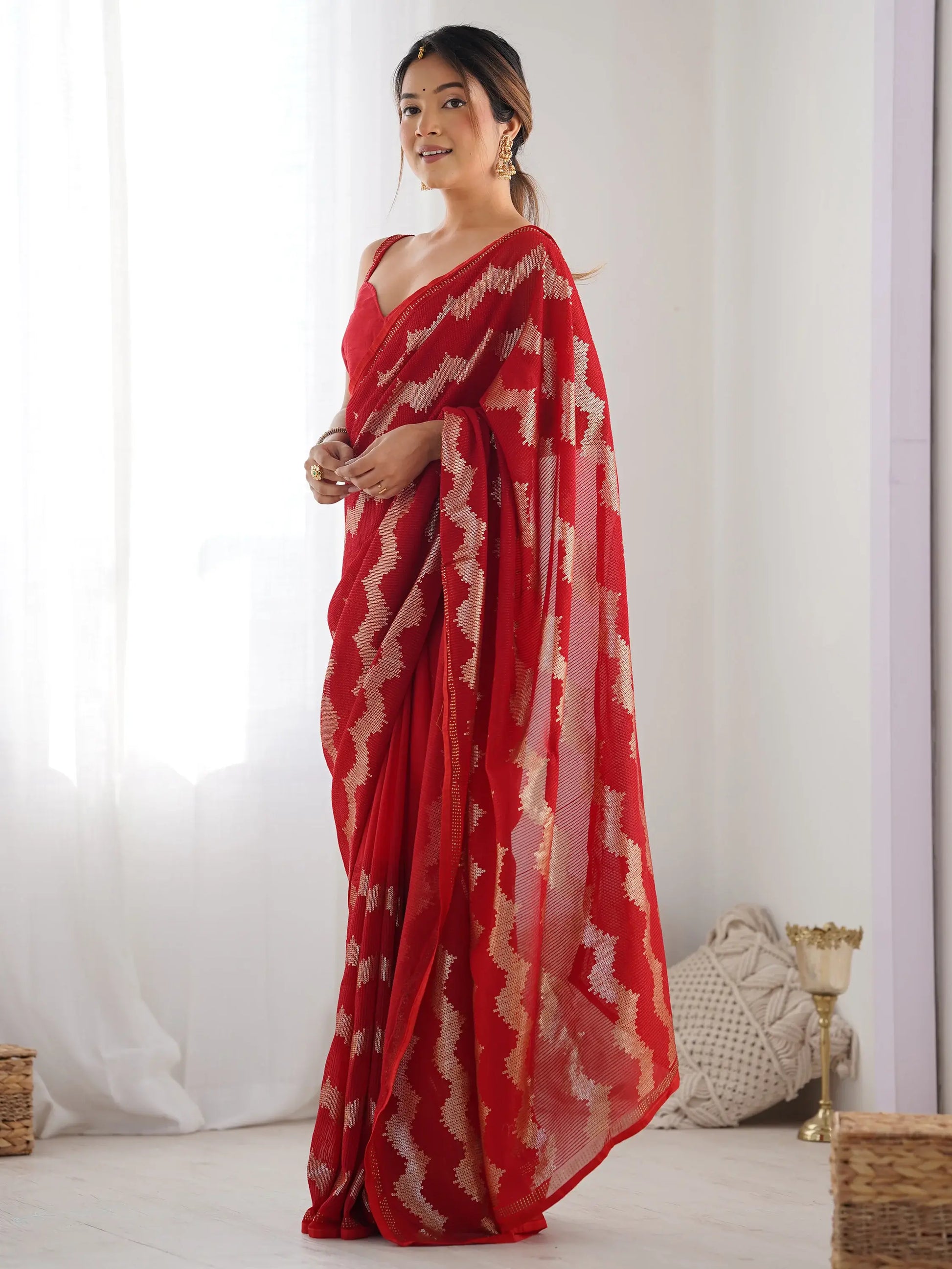 Attractive Red Sequins Georgette Cocktail Party Wear Saree With Blouse - Zeel Clothing