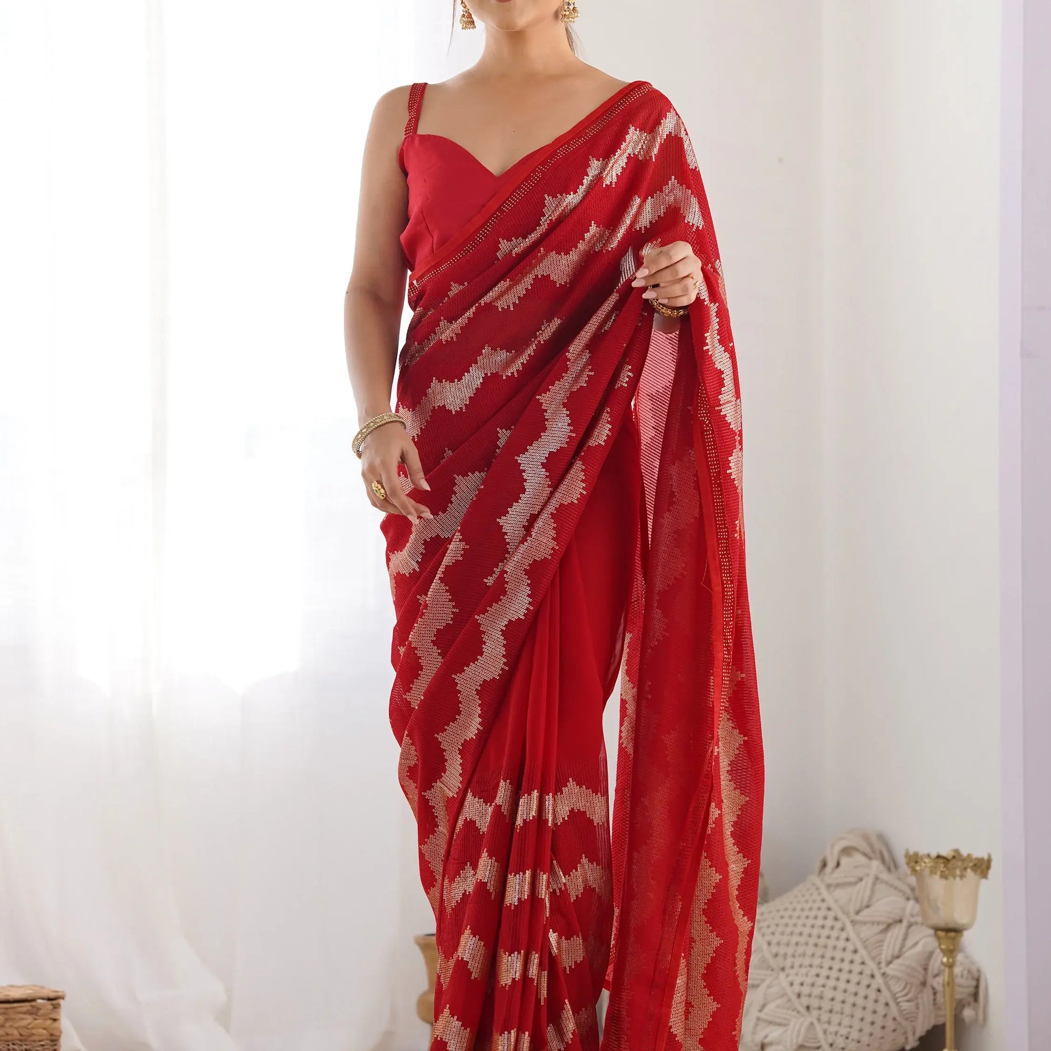 Attractive Red Sequins Georgette Cocktail Party Wear Saree With Blouse - Zeel Clothing