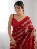 Attractive Red Sequins Georgette Cocktail Party Wear Saree With Blouse - Zeel Clothing