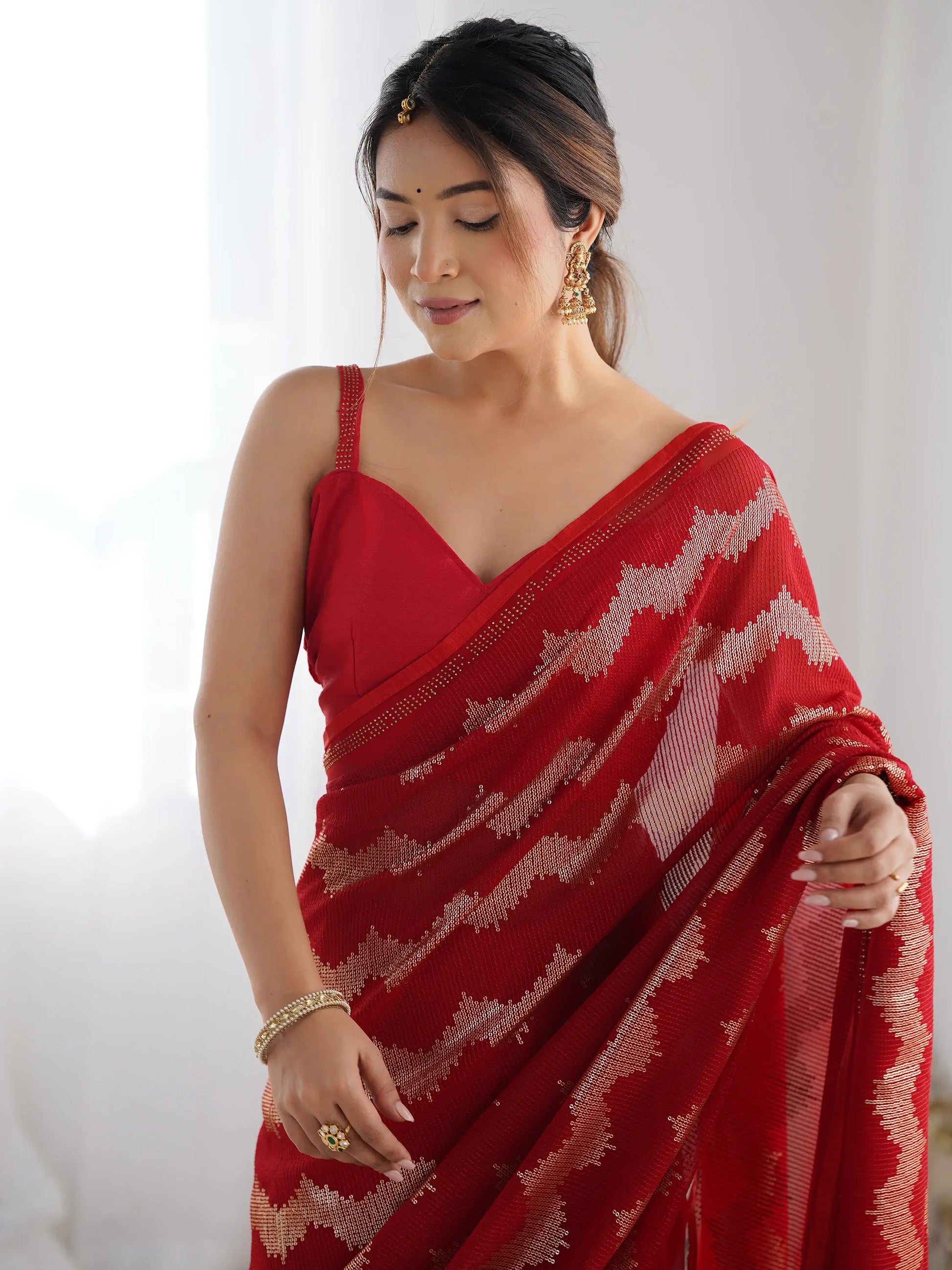 Attractive Red Sequins Georgette Cocktail Party Wear Saree With Blouse - Zeel Clothing