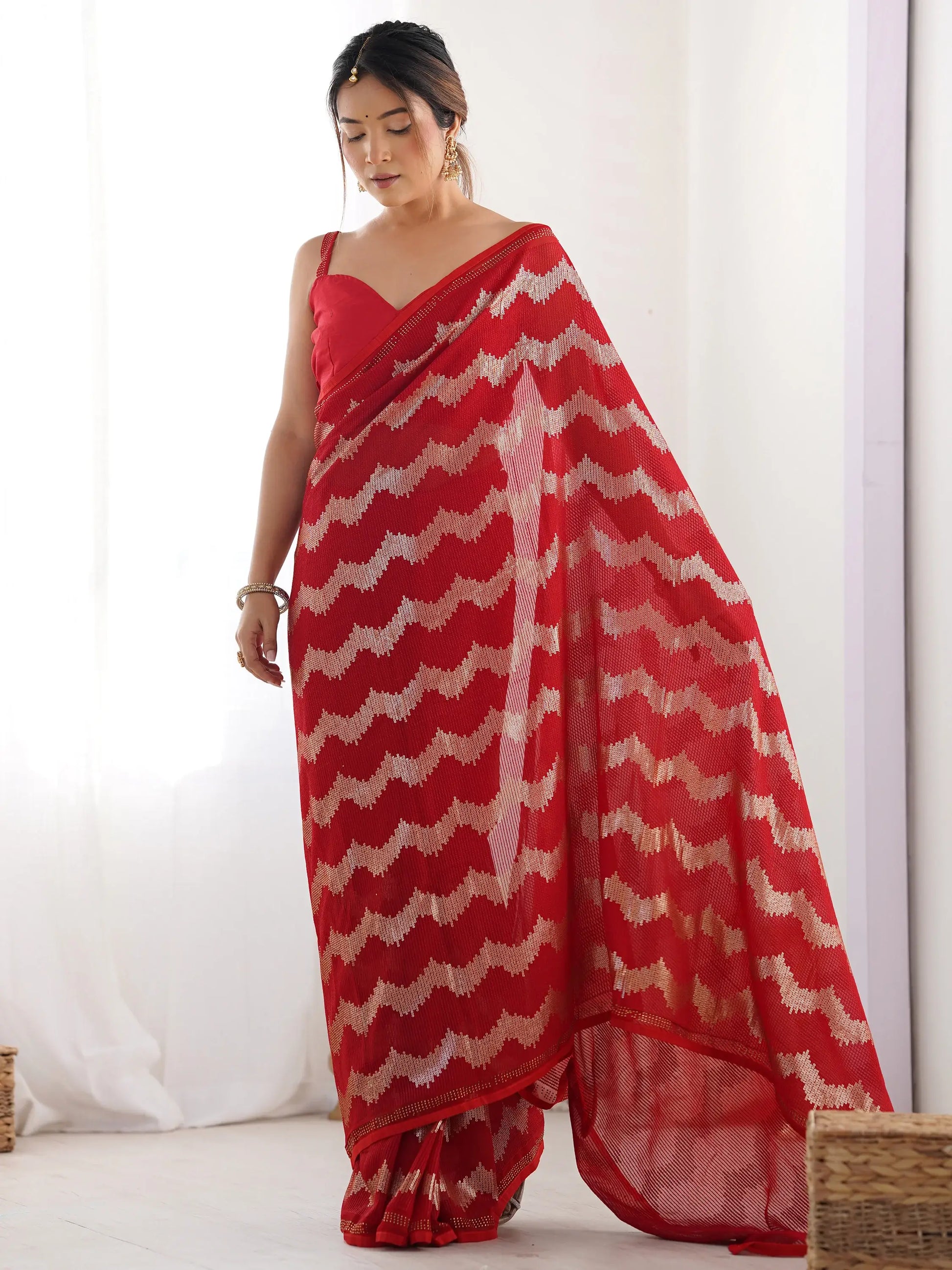 Attractive Red Sequins Georgette Cocktail Party Wear Saree With Blouse - Zeel Clothing