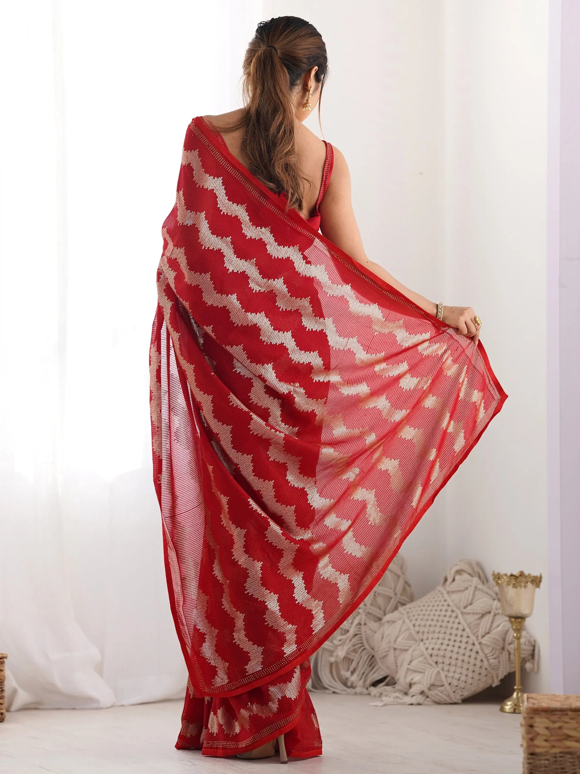 Attractive Red Sequins Georgette Cocktail Party Wear Saree With Blouse - Zeel Clothing