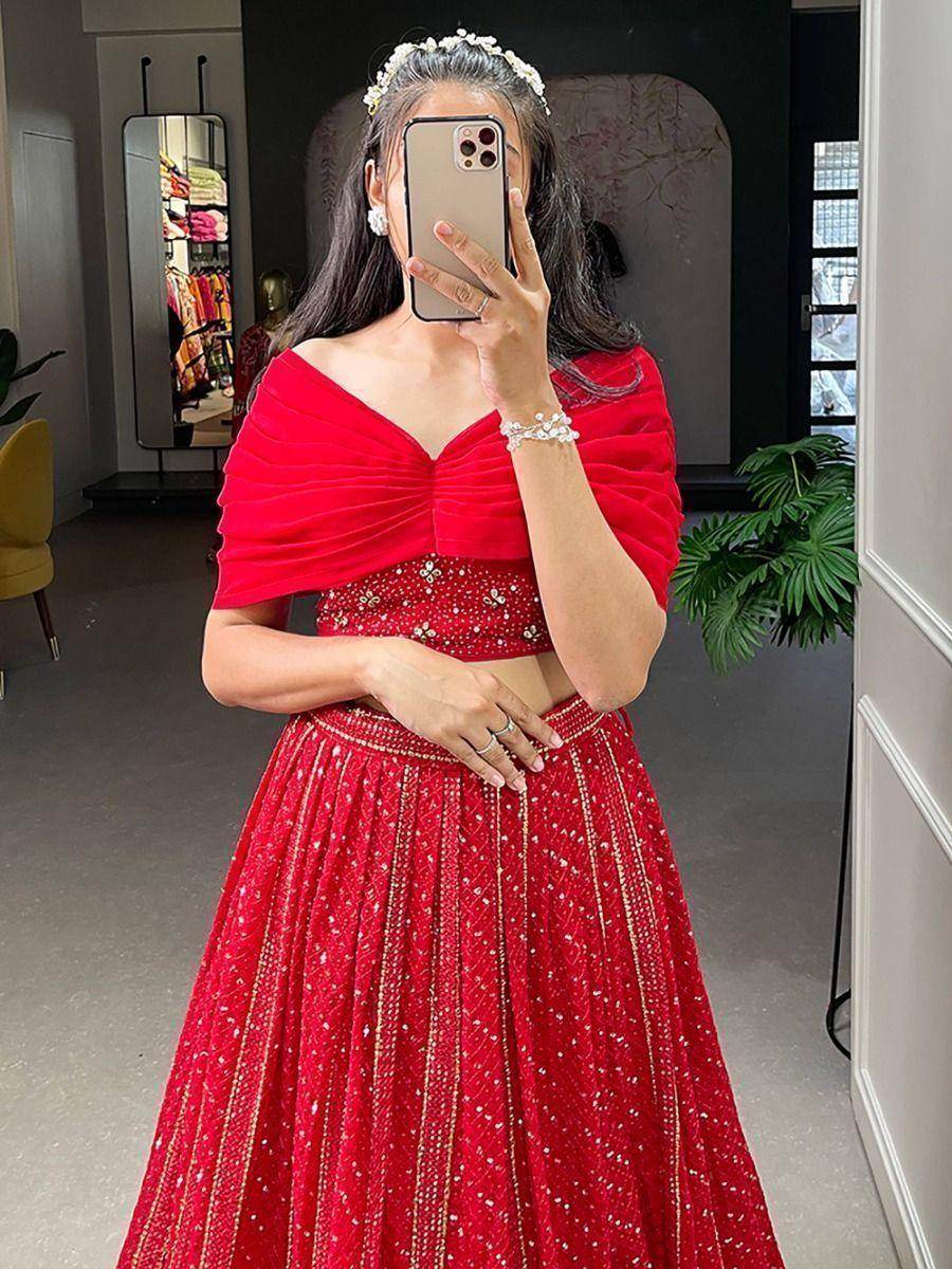 Attractive Red Sequins Georgette Party Wear Crop Top Lehenga - Zeel Clothing