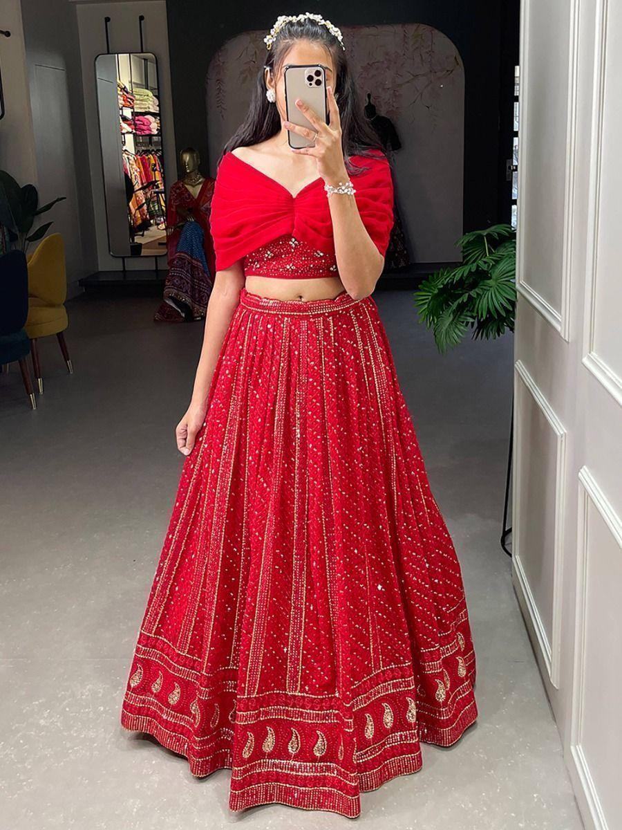 Attractive Red Sequins Georgette Party Wear Crop Top Lehenga