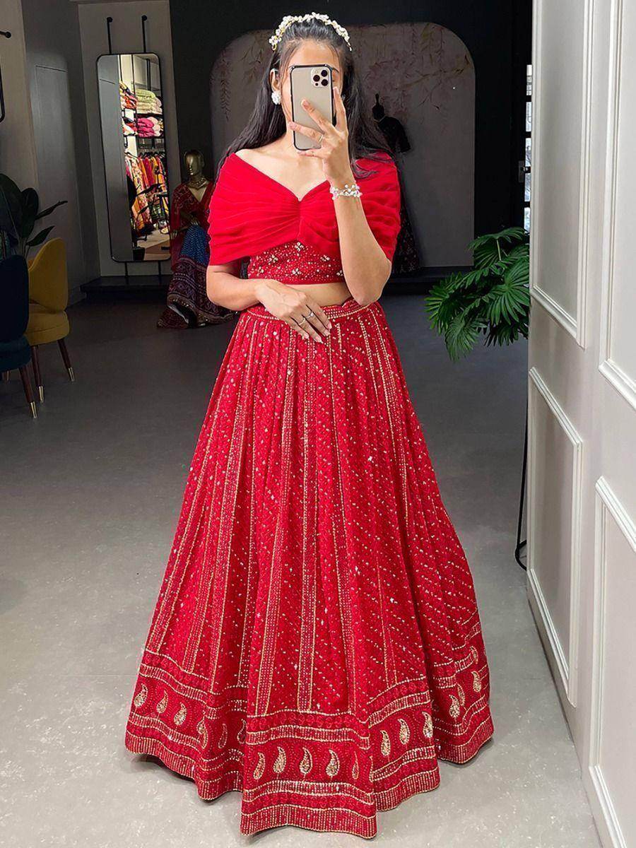 Attractive Red Sequins Georgette Party Wear Crop Top Lehenga - Zeel Clothing
