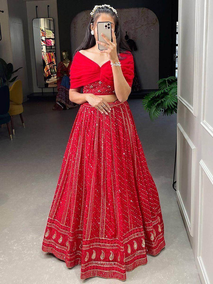Attractive Red Sequins Georgette Party Wear Crop Top Lehenga - Zeel Clothing