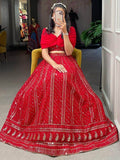 Attractive Red Sequins Georgette Party Wear Crop Top Lehenga - Zeel Clothing