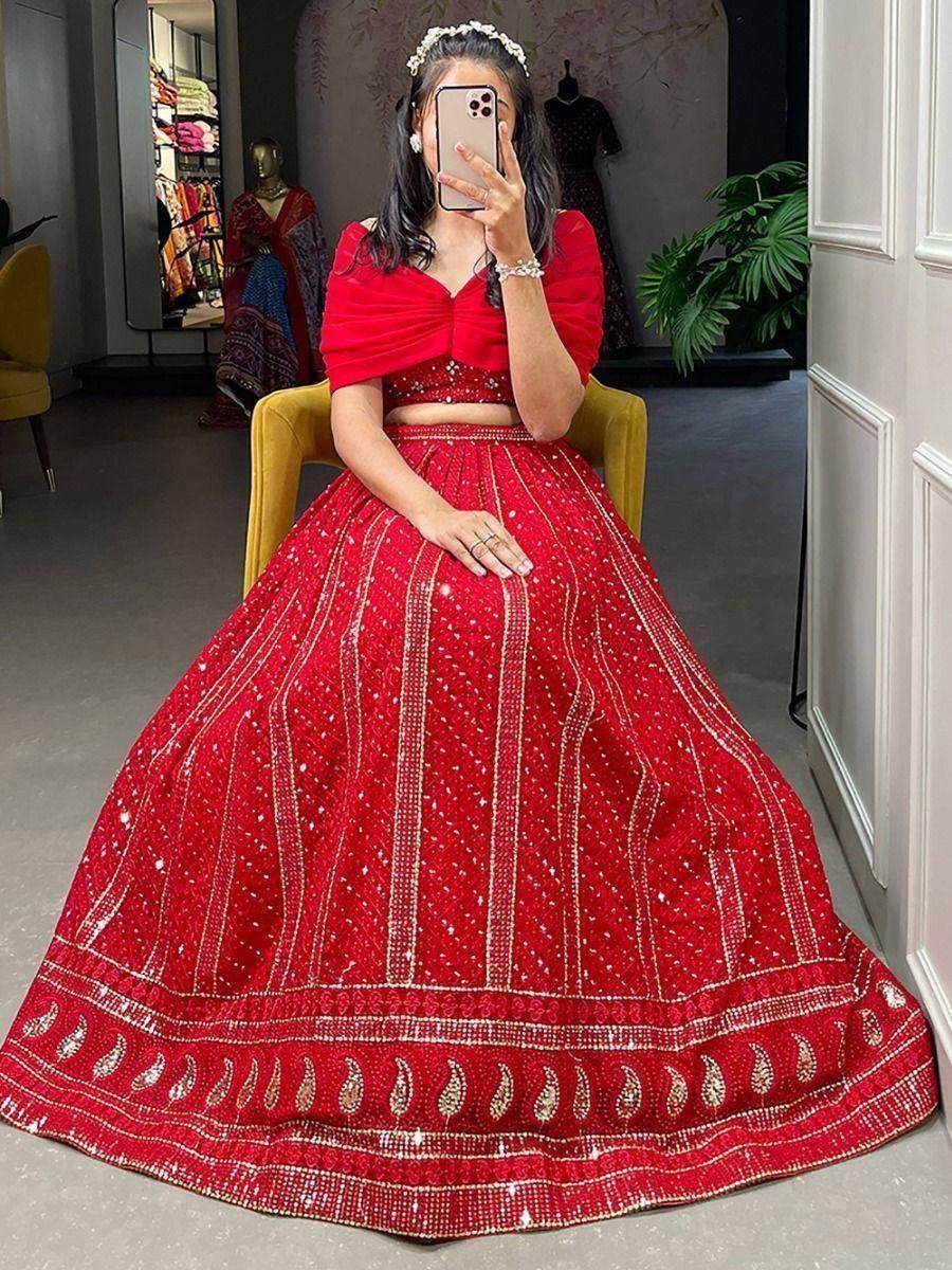 Attractive Red Sequins Georgette Party Wear Crop Top Lehenga - Zeel Clothing