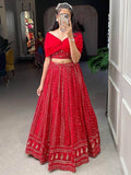 Attractive Red Sequins Georgette Party Wear Crop Top Lehenga - Zeel Clothing