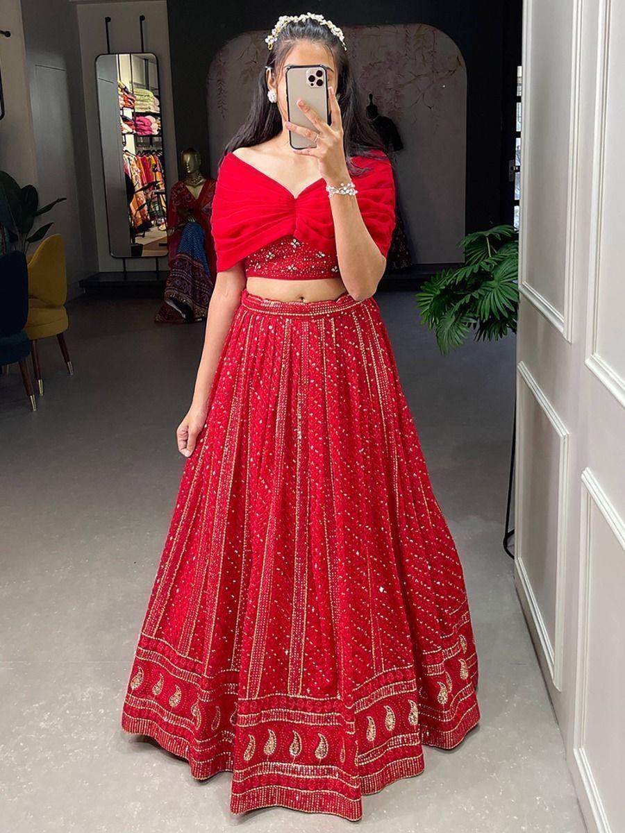Attractive Red Sequins Georgette Party Wear Crop Top Lehenga - Zeel Clothing